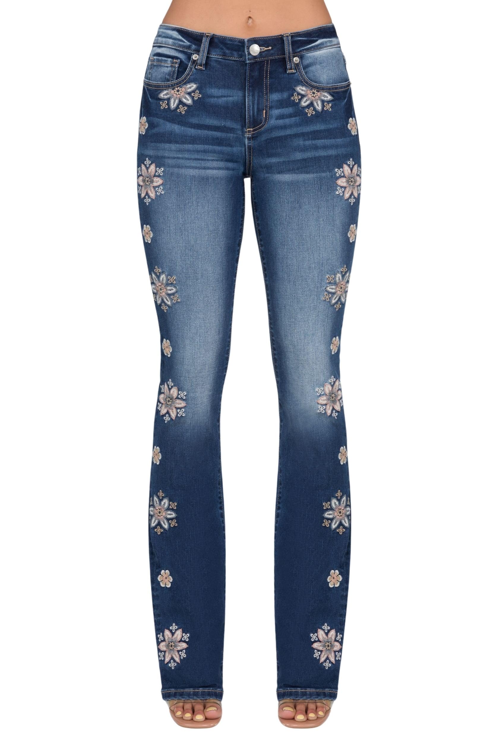 Miss Me Women's Falling Flowers Mid-Rise Bootcut Jeans - Stylish Denim Pants for Casual Wear, Office & Date Night Outfits