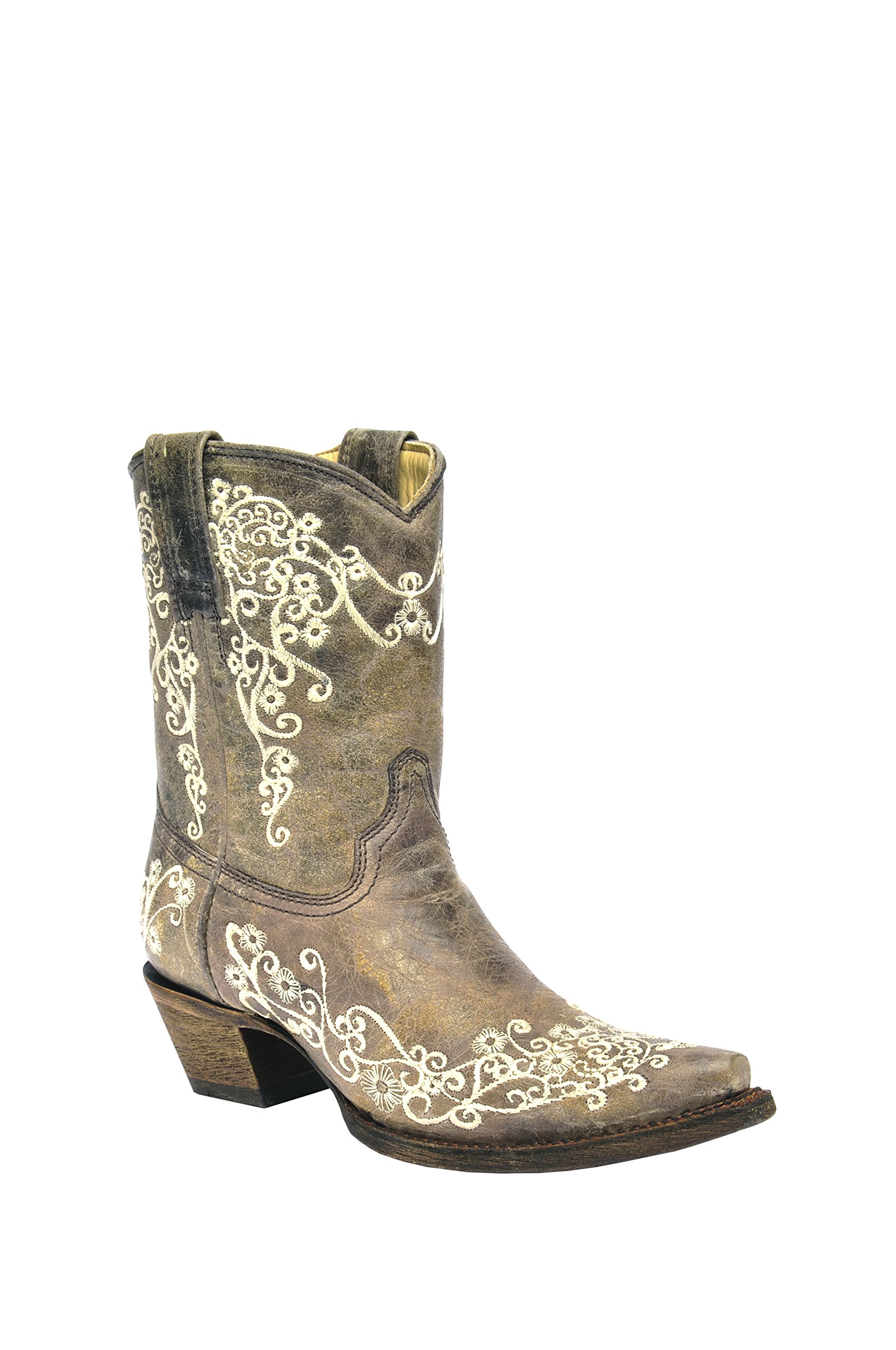 Corral Women's Snip Toe Short Boots with Bone Crater Embroidery - Western Style Cowgirl Boots for Country Dancing, Rodeo & Casual Wear - A3190