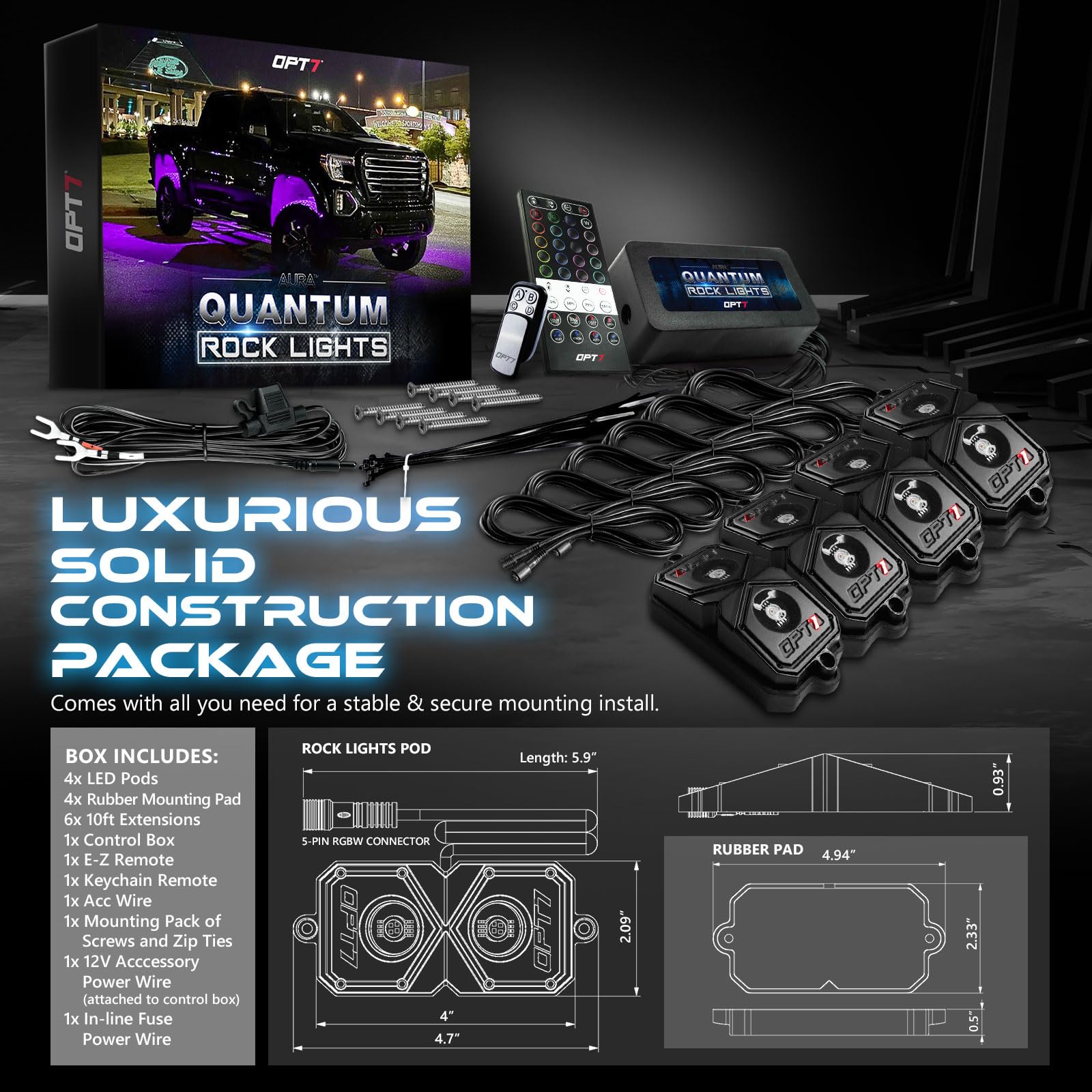 OPT7 Quantum RGBW LED Rock Lights with Remote Control - 4 Pods Wide Angle Multicolor Neon Underglow Lighting Kit with Extension Wire, IP68 Waterproof for Offroad Vehicles, Trucks, Jeeps, RZR, ATV, UTV, SUV - Perfect for Night Off-Roading, Car Shows & Custom Vehicle Lighting