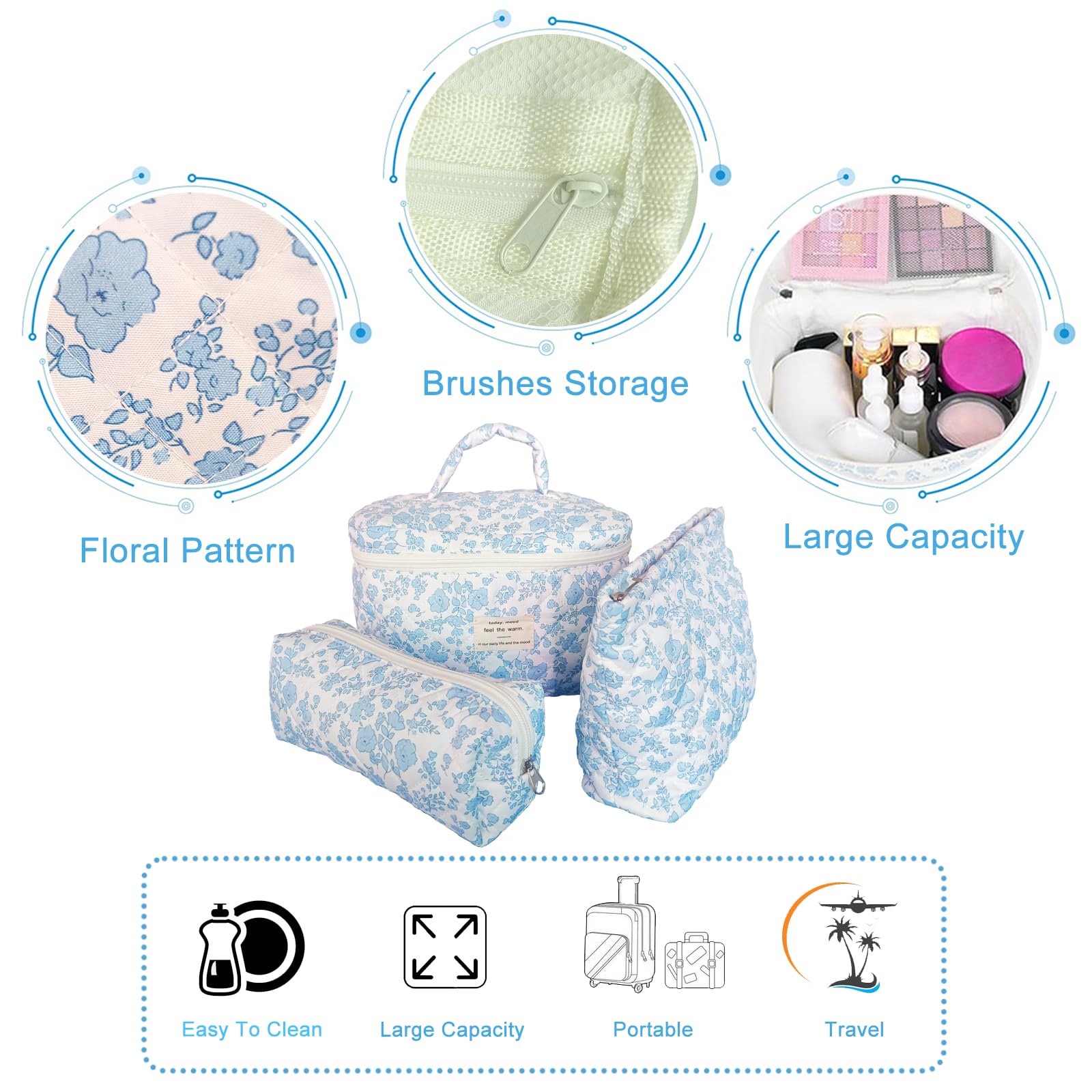 Quilted Makeup Bag Set for Women - 3Pcs Travel Cosmetic Organizer with Skincare Pouch, Floral Design Large Makeup Case for Girls (Blue) | Perfect for Travel, Gym & Daily Beauty Essentials Storage