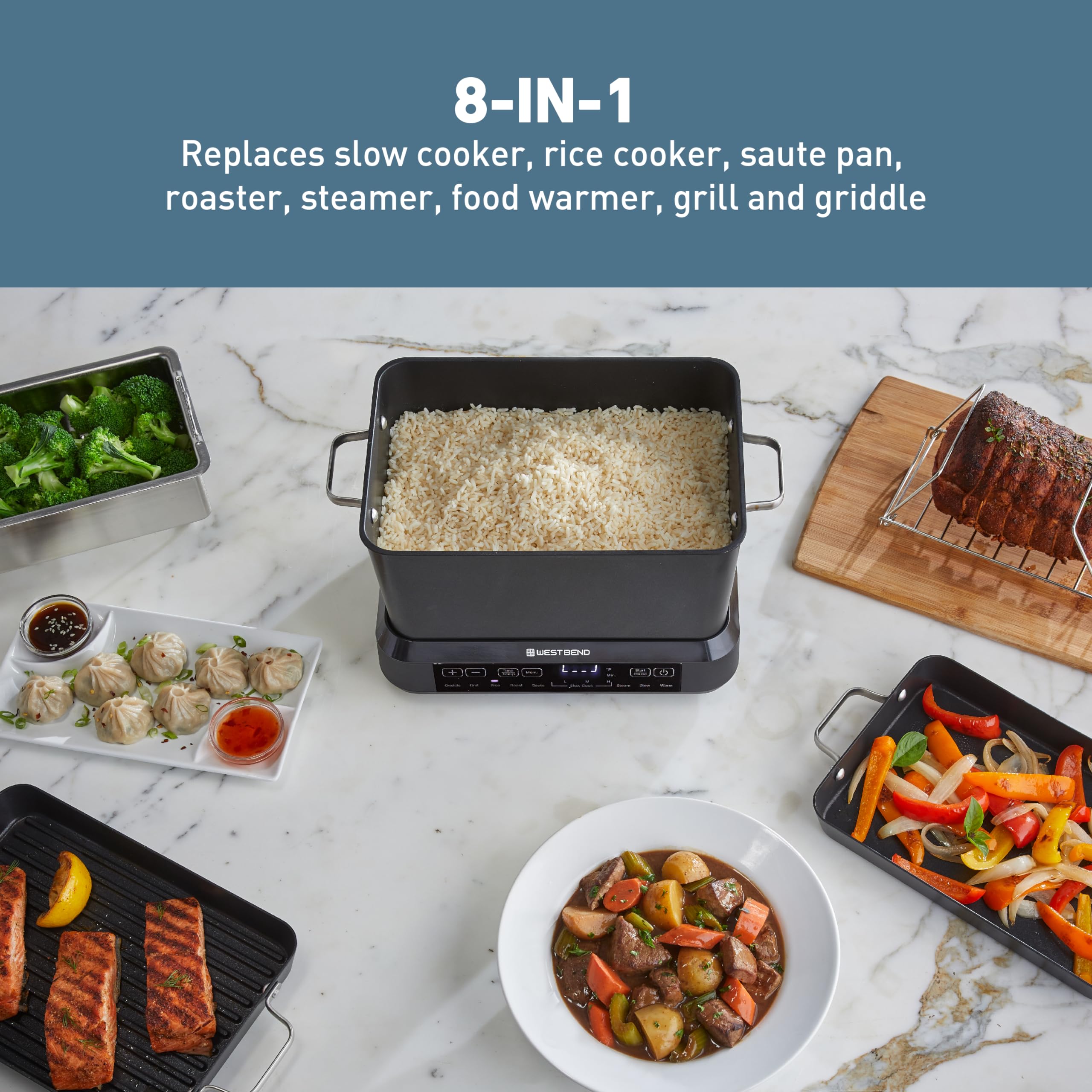 West Bend Versatility Plus 6-Quart Slow Cooker & Multicooker - Large Capacity Non-Stick Pot with 20 Cooking Functions & Adjustable Temperature Control - Perfect for Family Dinners, Meal Prep & Entertaining (Black)