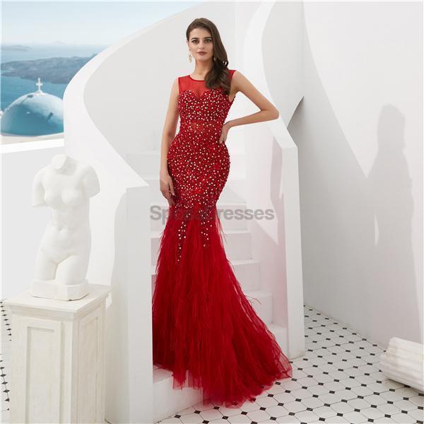 Elegant Dark Red Beaded Feather Mermaid Prom Dress for Evening Party & Formal Events | Perfect for Homecoming, Prom Night & Special Occasions