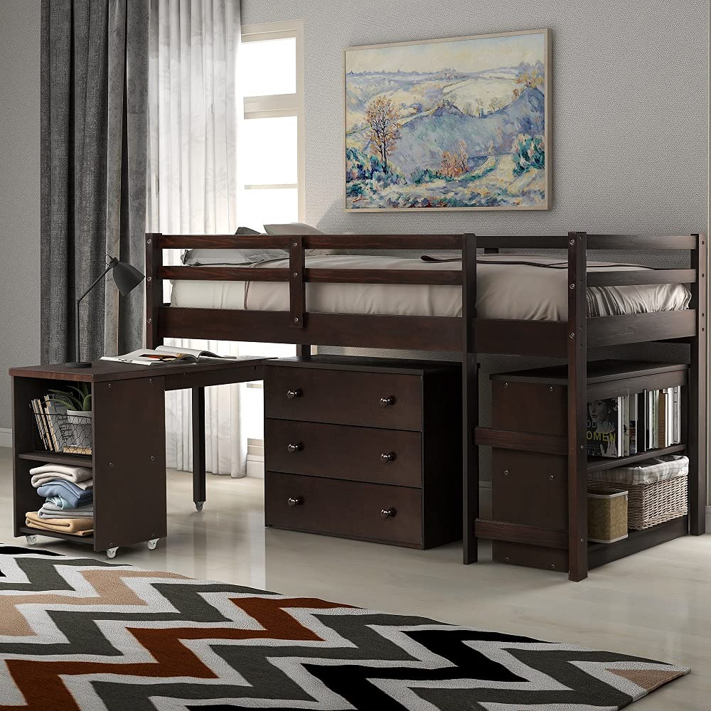 Twin Loft Bed with Bookshelf & Rolling Desk - Solid Wood Study Loft Bed for Kids & Teens - Space-Saving Furniture for Small Bedrooms & Dorm Rooms (Espresso Finish)