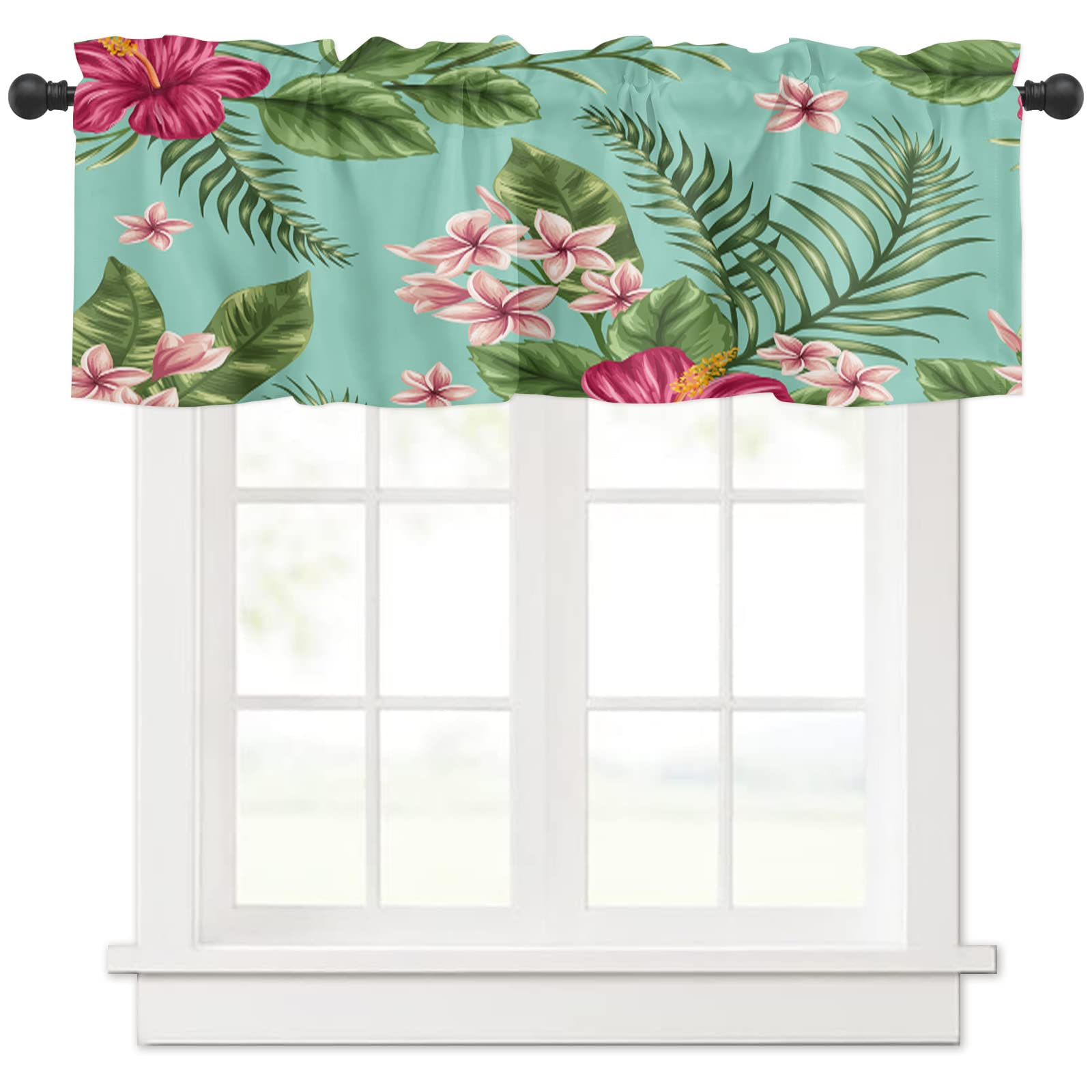 Tropical Plants Window Valance Curtain - Summer Green Leaves Hibiscus Flowers Blackout Rod Pocket Valance Tier Curtain - 54 x 18 Inch - Perfect for Kitchen, Bedroom, Living Room & Bathroom Decor - 1 Panel - Adds Vibrant Tropical Style to Any Space