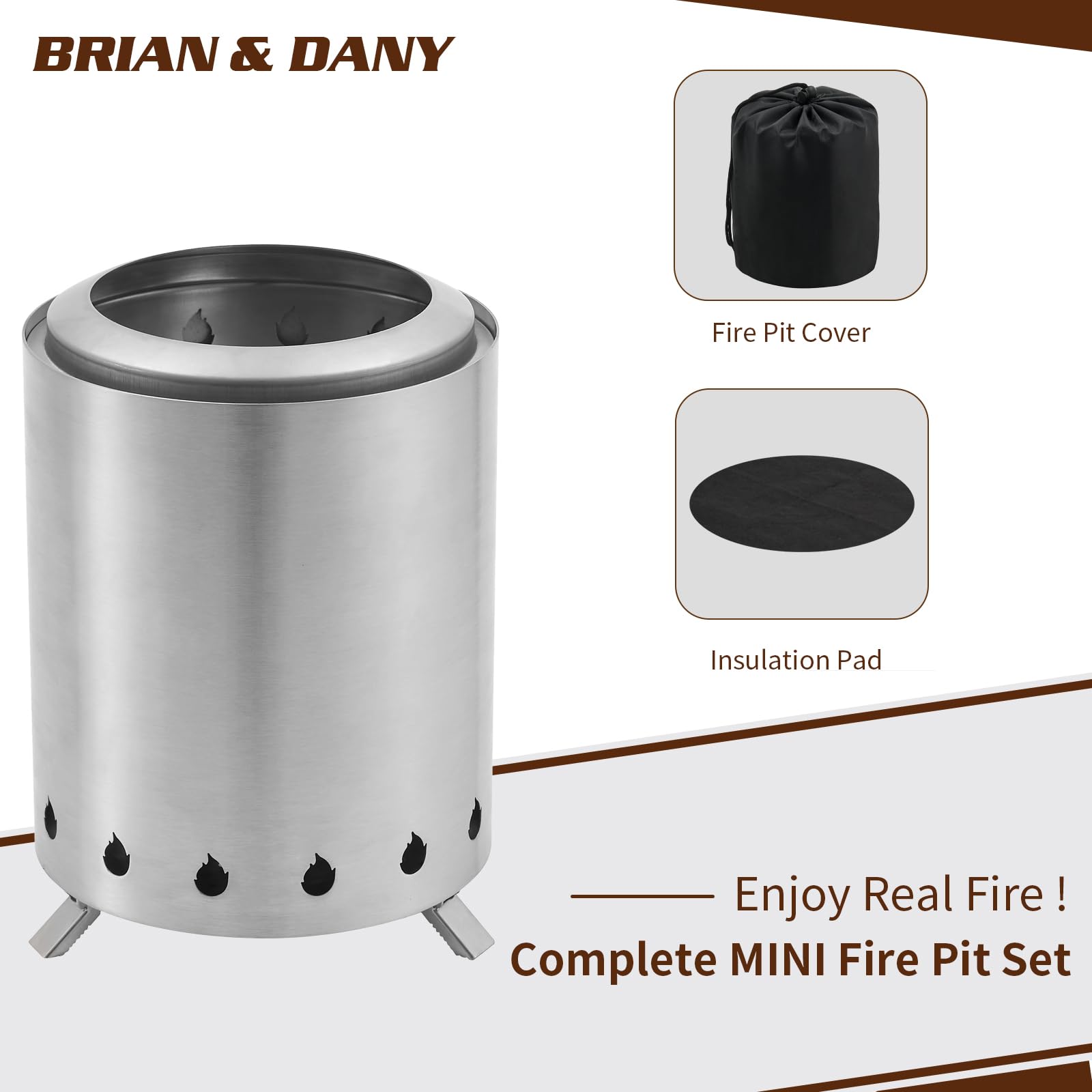 BRIAN & DANY Smokeless Solo Fire Pit with Stand - Stainless Steel Portable Outdoor Fireplace for Wood or Pellets - Perfect for Camping, Backyard, Patio - 5.9