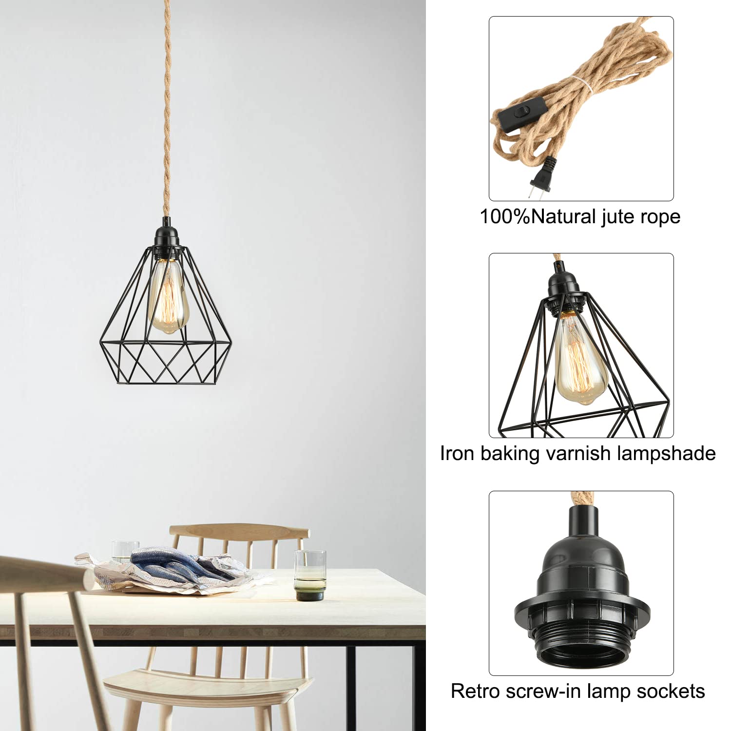 Farmhouse Plug-in Pendant Light with Hemp Rope - 15 Ft Hanging Lamp Kit with Switch & Industrial Diamond Metal Cage - Rustic Lighting for Bedroom, Living Room, Kitchen Island & Dining Room Decor