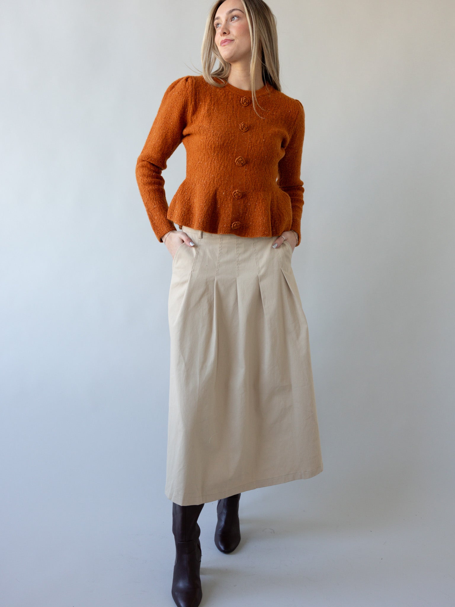Agatha Khaki Midi Skirt for Women - High Waisted A-Line Pleated Skirt | Casual & Office Wear | Perfect for Spring & Summer Outfits