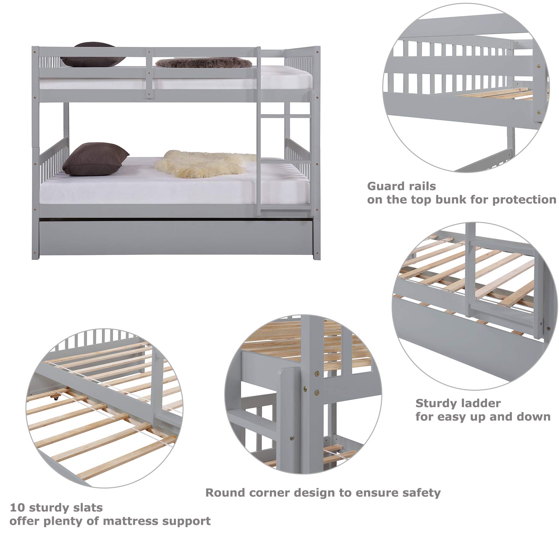 Full Over Full Bunk Bed with Trundle - Converts to 2 Full Size Platform Beds - Sturdy Ladder & Safety Rails for Teens & Adults - Modern Grey Finish - Perfect for Small Spaces, Guest Rooms & Dormitories
