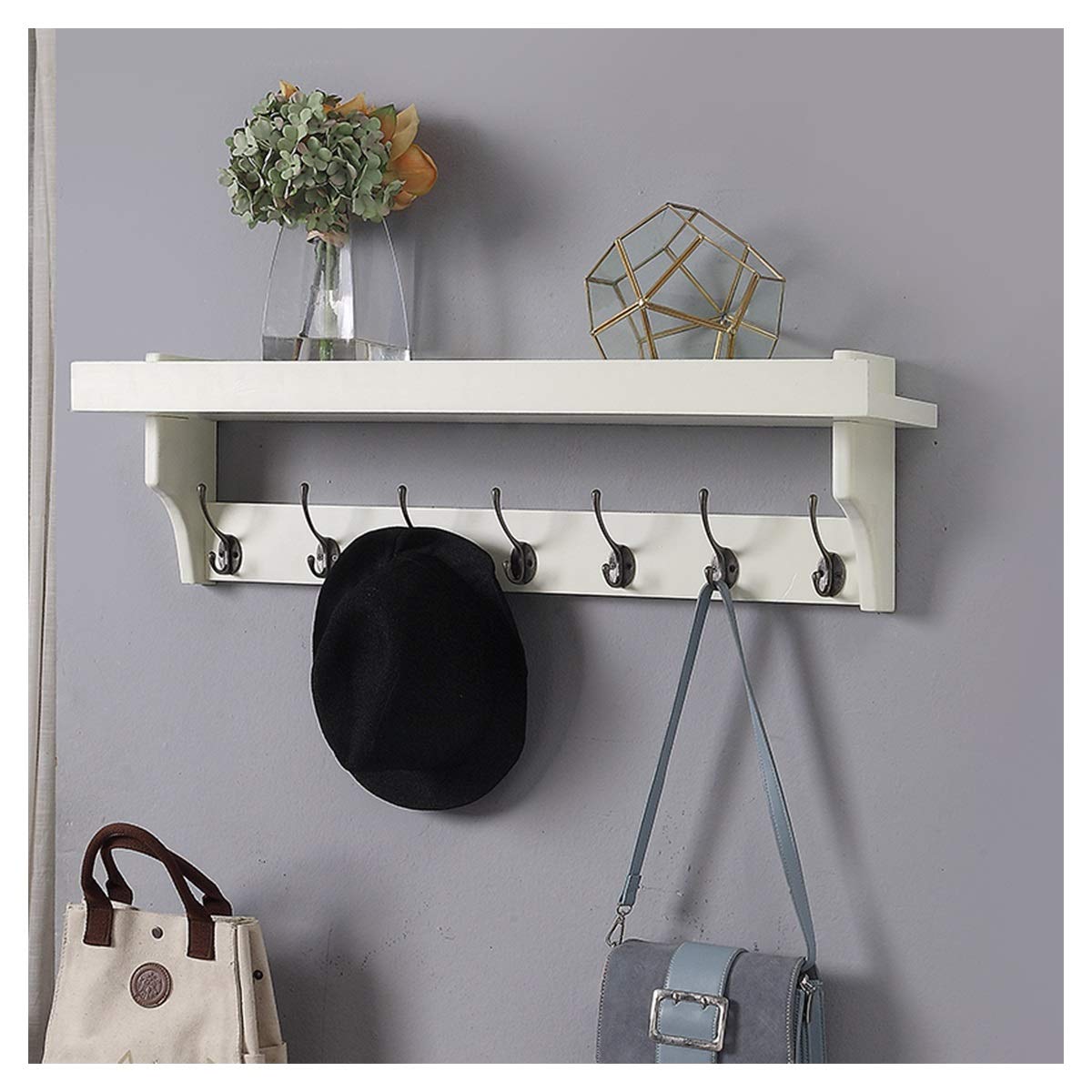 Rustic Wall Mounted Coat Rack with Storage Shelf - 7 Metal Hooks for Entryway, Bathroom, Kitchen & Closet - Multi-Functional Decorative Hanging Organizer for Coats, Hats, Bags & Towels
