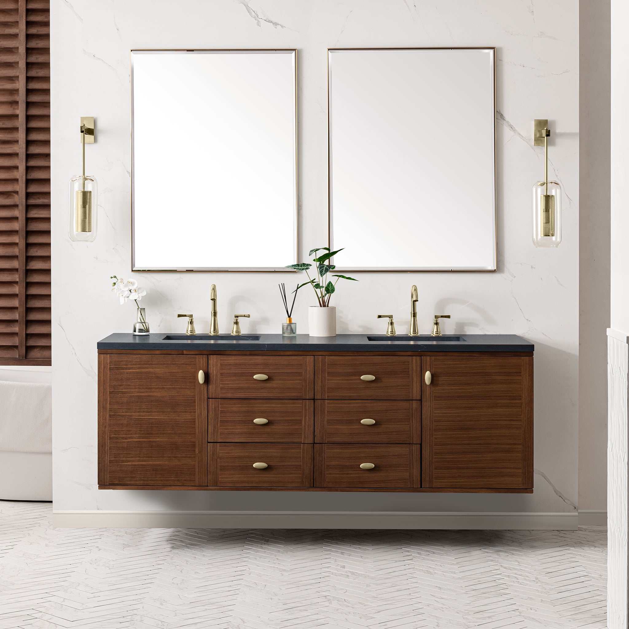 Amberly 72 Inch Double Bathroom Vanity - Mid Century Modern Walnut Wood with 3CM Charcoal Soapstone Countertop | Perfect for Master Bathroom Renovation & Luxury Home Upgrade