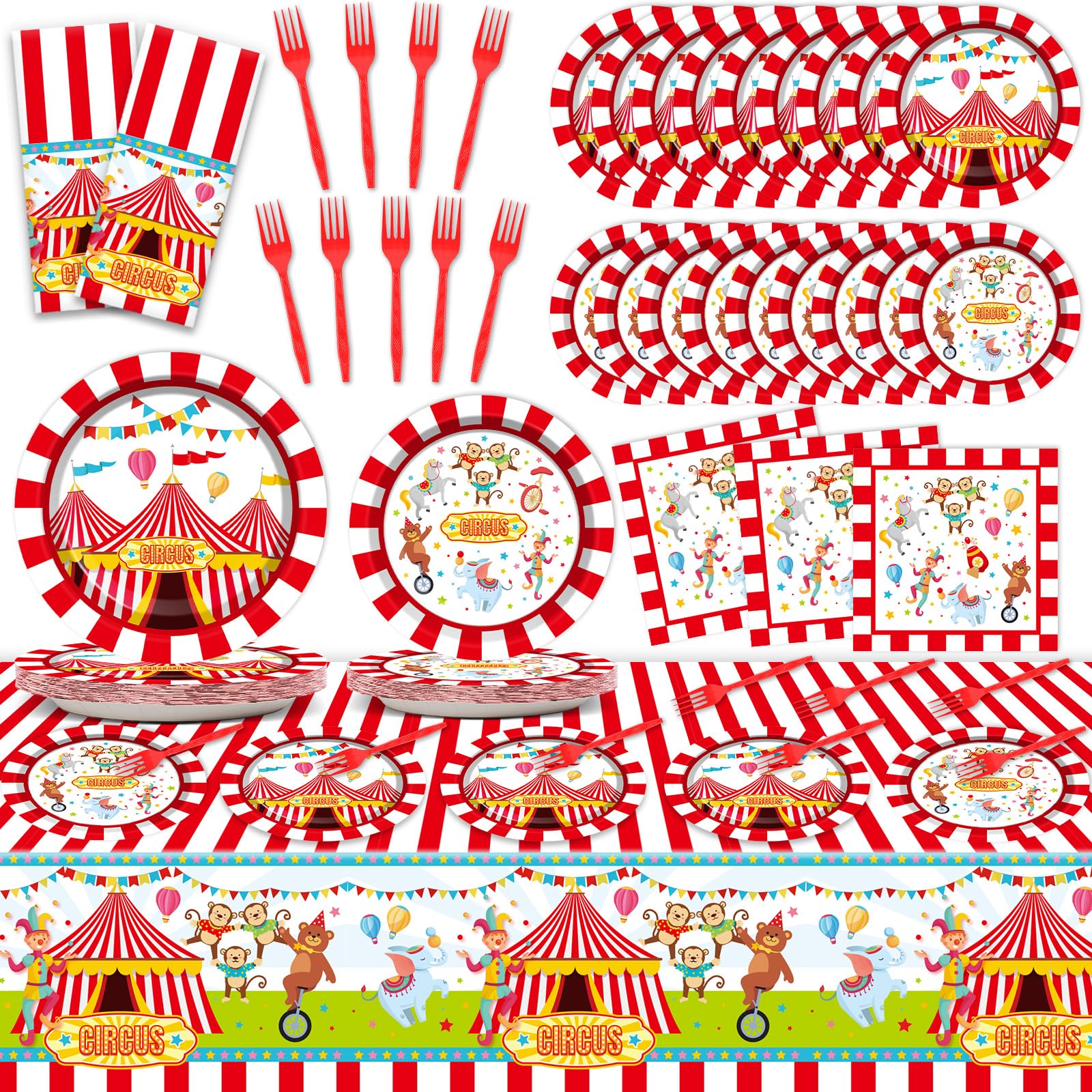 98-Piece Carnival Party Supplies Kit - Circus Birthday Plates, Tablecloth, Decorations, Tableware, Paper Forks & Napkins for 24 Guests | Perfect for Kids' Birthday Parties, Themed Events & Circus Celebrations