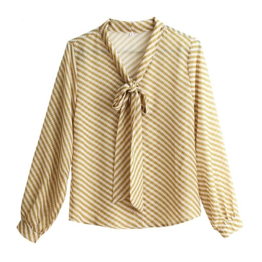 Women's Striped Casual Chiffon Shirt - Spring V-Neck Loose Blouse with Bow & Lantern Sleeves (Yellow, Size S) | Perfect for Office Wear, Date Nights & Spring Outfits