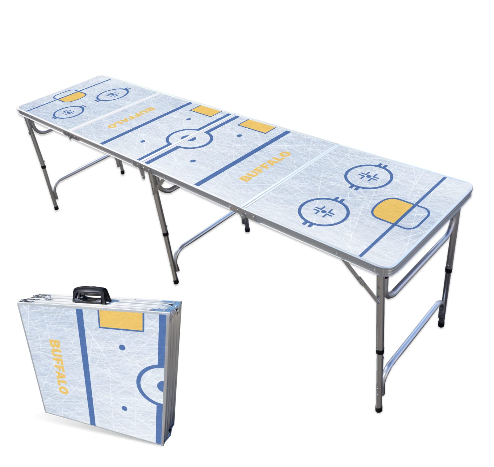 8-Foot Folding Portable Beer Pong Table with LED Lights & Custom Cup Holes - Buffalo Hockey Rink Design for Outdoor Parties, Tailgates & College Events - Choose Your Model