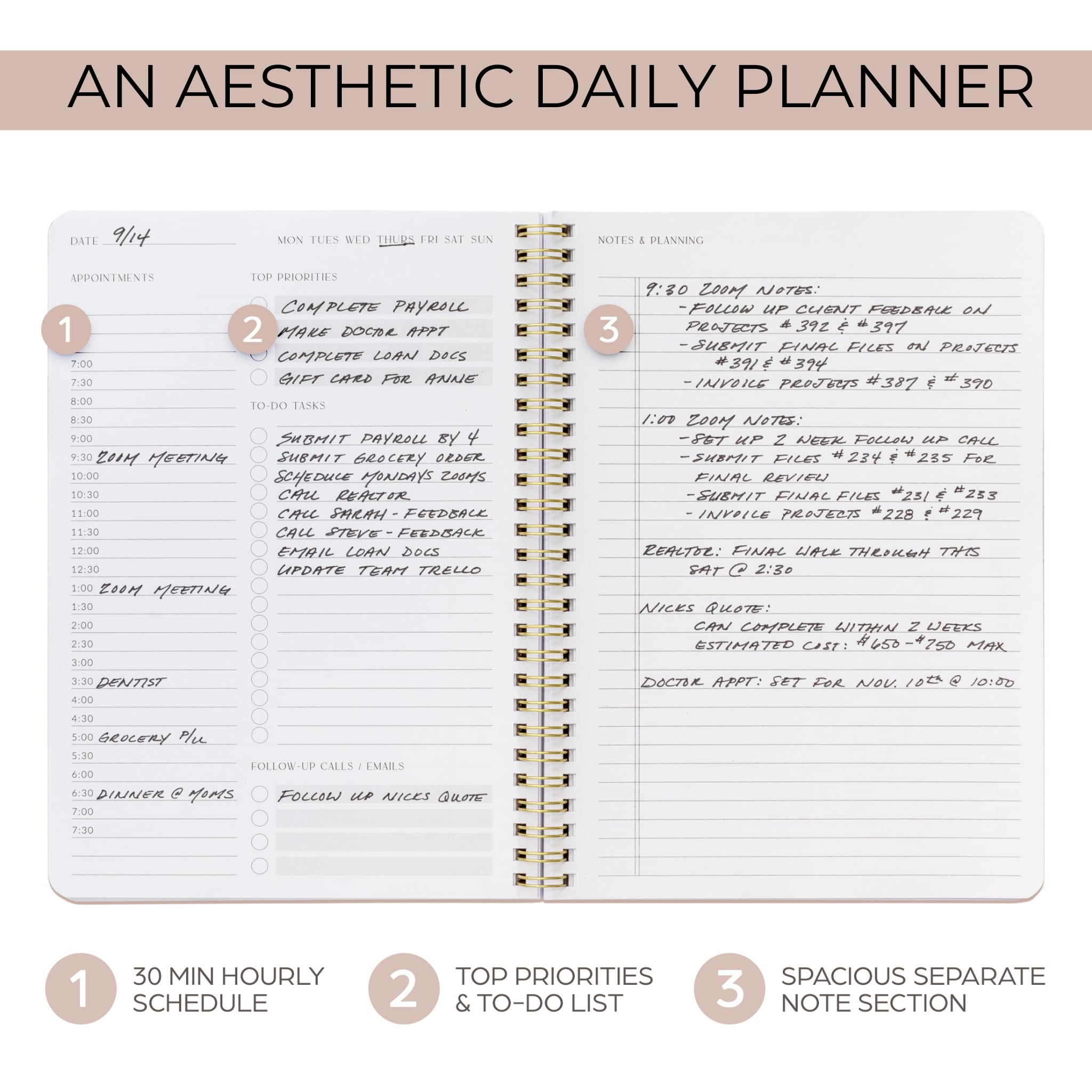 Aesthetic Spiral Planner Notebook - Hourly Schedule & To-Do List for Women | School & Office Organization