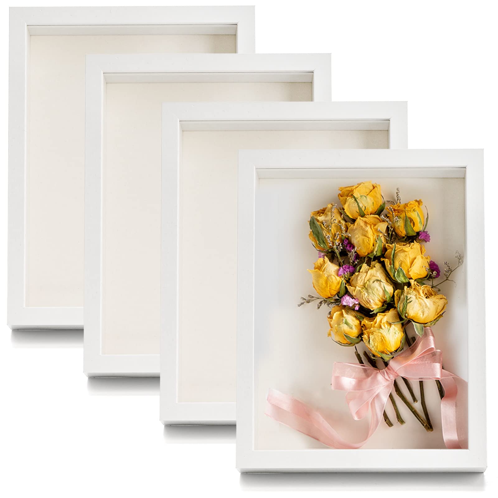 Hacaroa 4 Pack 8x6 Inch White Shadow Box Frame - Wooden Display Case for Photos, Bouquets, Medals, Awards - Perfect for Wall Decor, Tabletop Display, Wedding Keepsakes & Memorabilia Showcase
