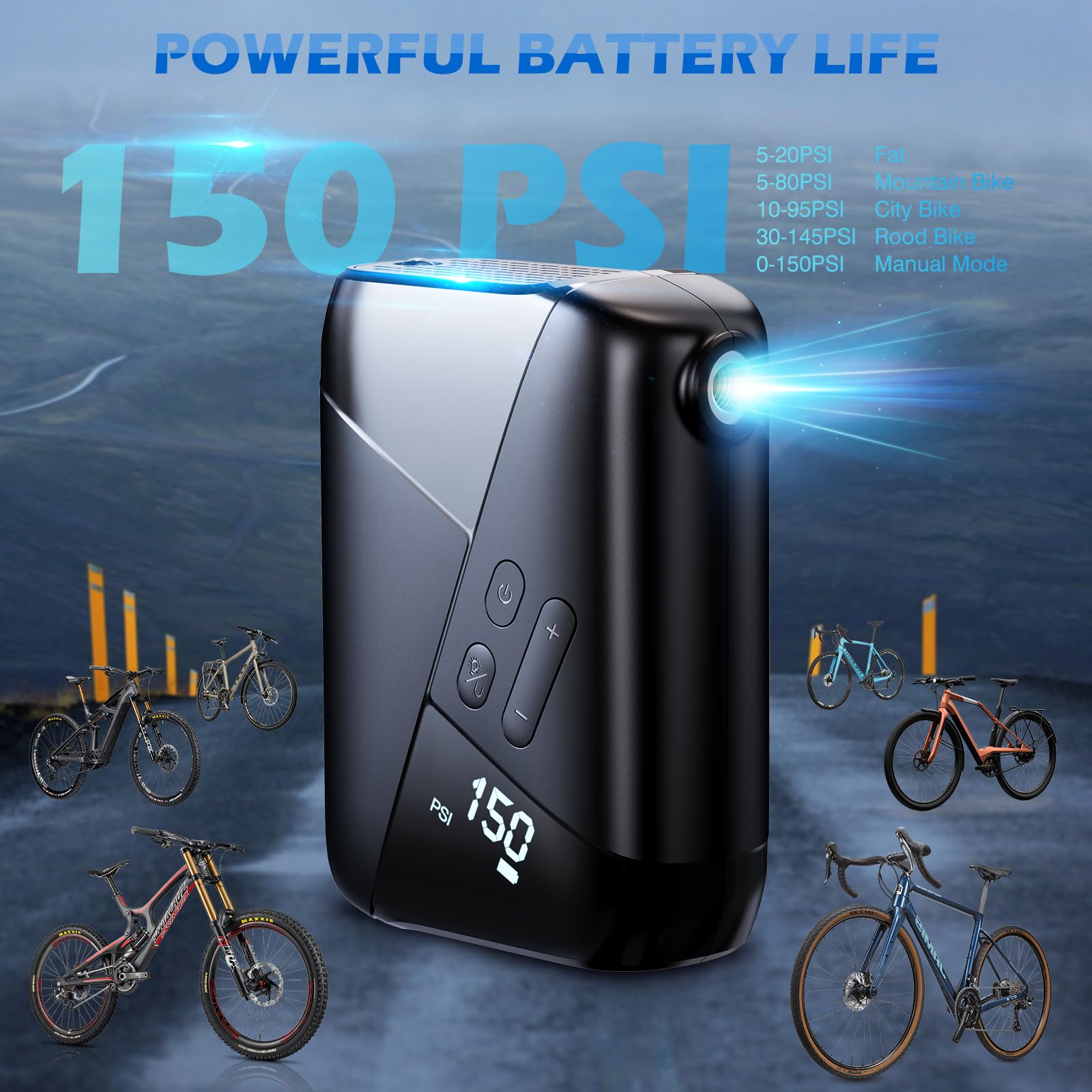 Portable Electric Bike Pump 150PSI with Pressure Gauge - Rechargeable USB-C Mini Bike Pump for Mountain, Road & City Bikes - Perfect for On-the-Go Cycling & Emergency Tire Inflation