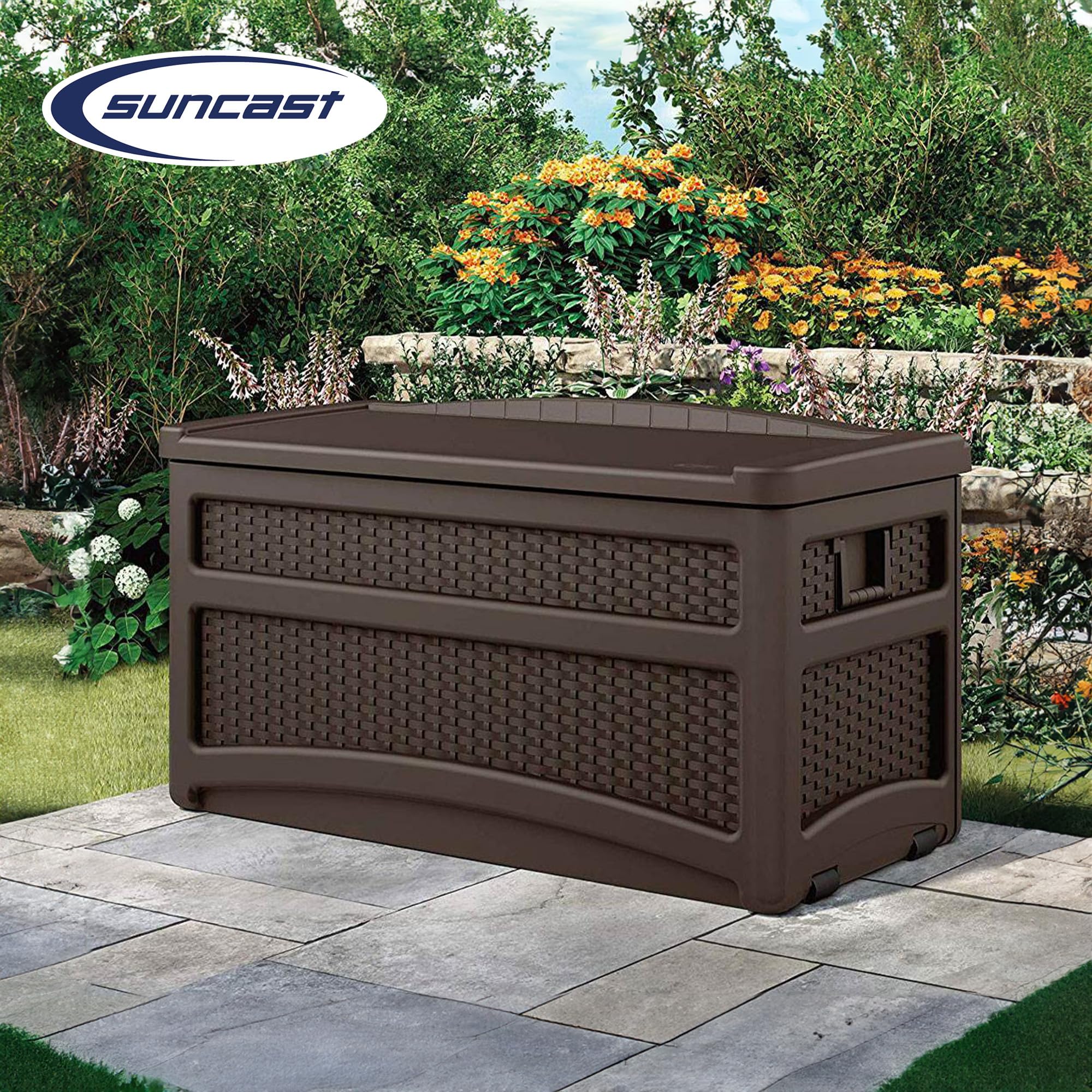 Suncast 73 Gallon Outdoor Patio Storage Chest with Handles & Seat - Java Brown (2 Pack) - Weatherproof Deck Box for Cushions, Pool Toys & Garden Tools Storage