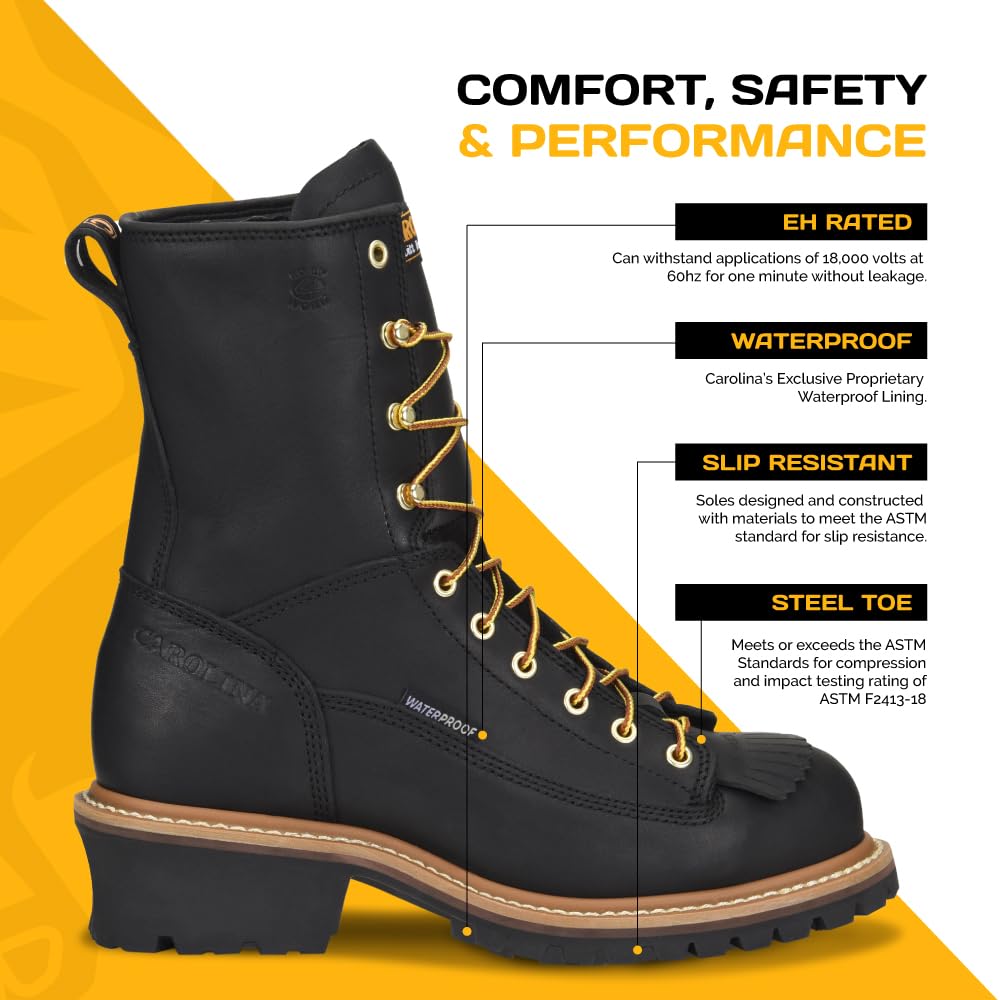 Men's Carolina Spruce 8-Inch Waterproof Steel Toe Work Boots - Leather Upper, Cushioned Footbed, Oil & Slip Resistant Outsole, EH Rated - Ideal for Construction, Logging & Outdoor Work