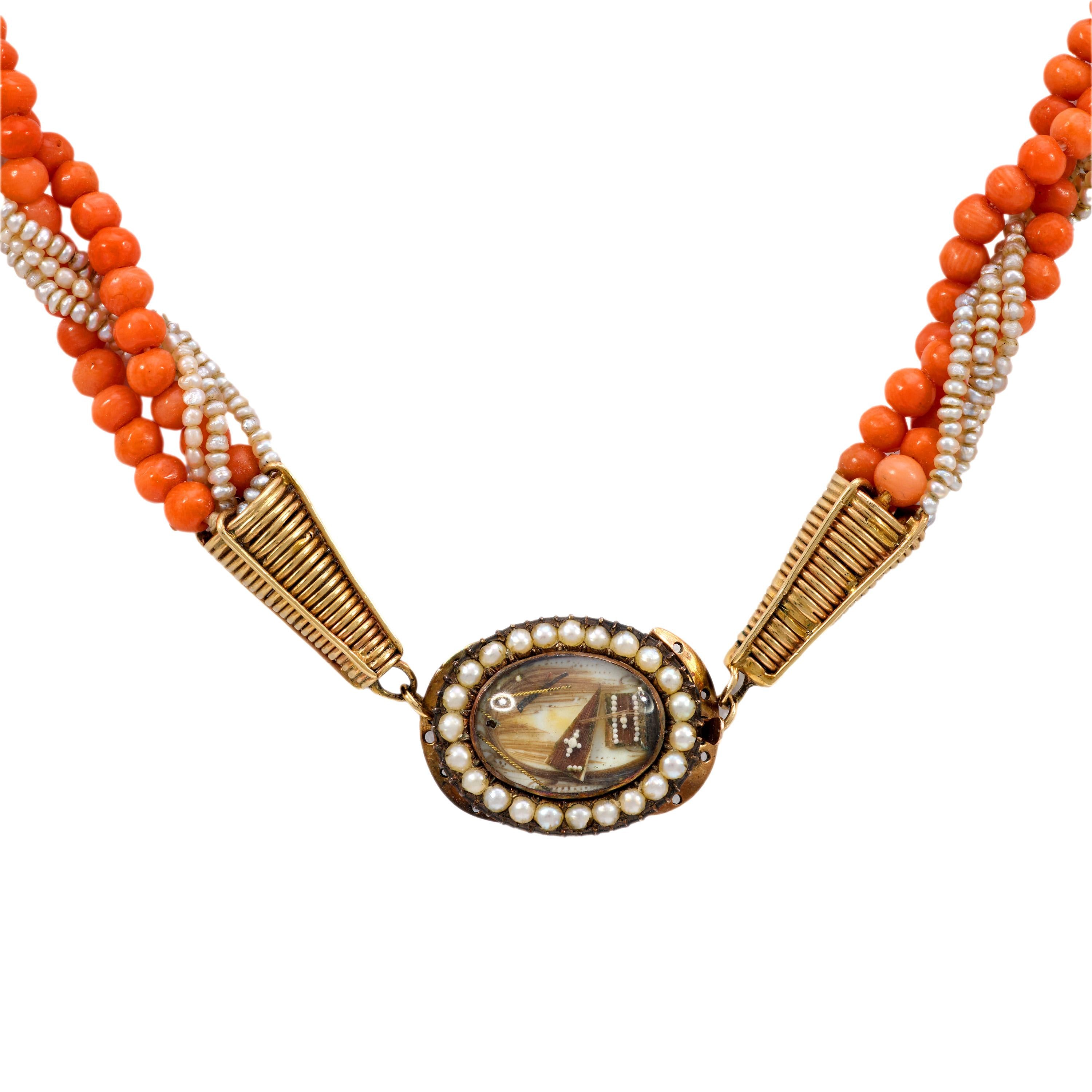 Antique Coral Seed Pearl 14K Yellow Gold Mourning Necklace – Victorian Style Jewelry for Women, Elegant Memorial Keepsake for Funerals & Special Occasions