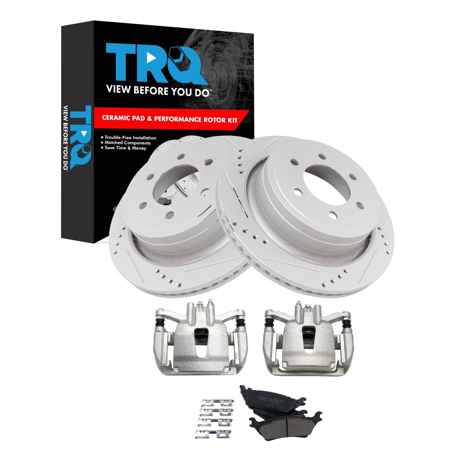 TRQ Premium Ceramic G-Coated Rear Performance Brake Pad & Rotor Kit for 2012-2016 Ford F-150 - Includes Brake Calipers, Pads & Rotors - Ideal for Heavy-Duty Towing & Off-Road Driving