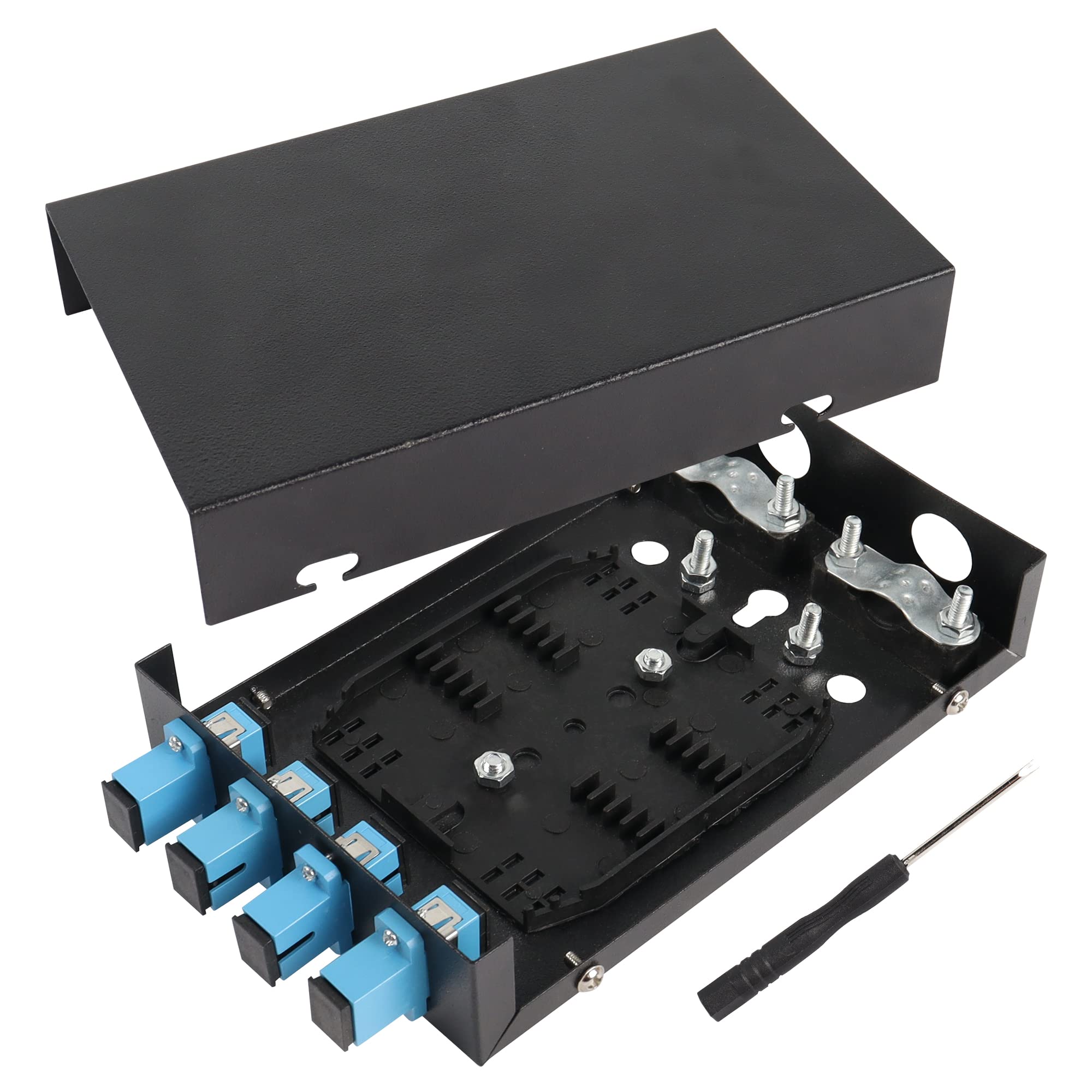 PNGKNYOCN 4 Port Fiber Optic Terminal Junction Box - Compact No Burr Pigtail Termination Box for FTTH/FTTP Networks - Ideal for Home, Office & Data Center Fiber Optic Cable Management