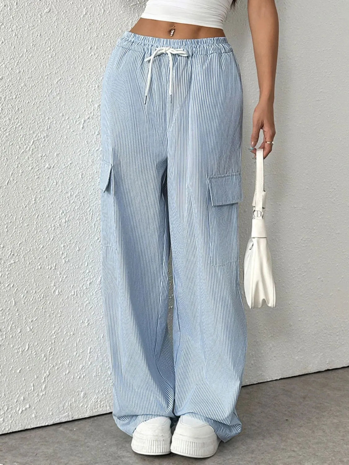Stylish Striped Drawstring Wide Leg Cargo Pants for Women - Comfortable & Trendy Casual Wear for Outdoor Activities, Travel and Street Fashion
