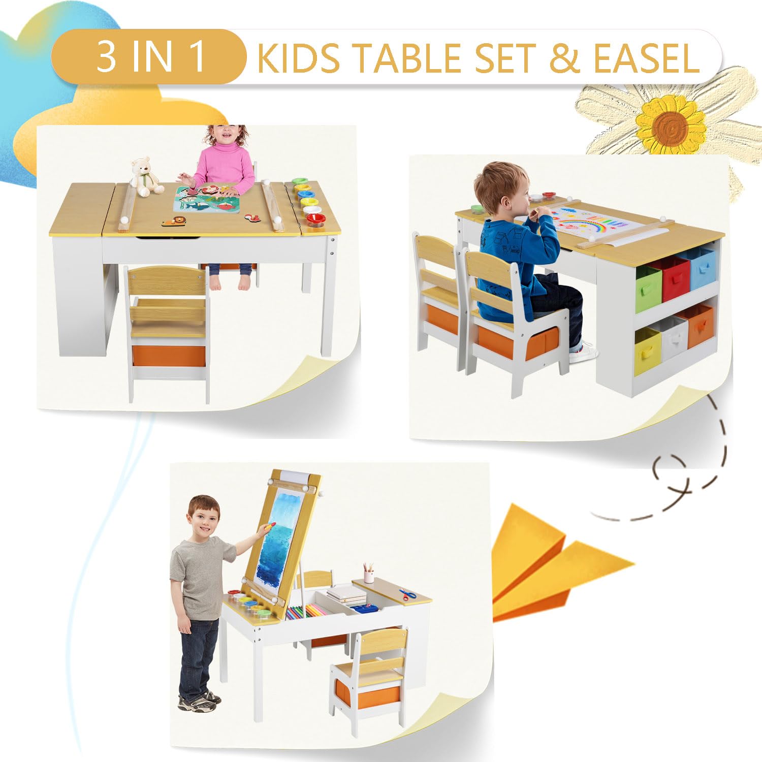 Kinder King 3-in-1 Kids Art Table & Easel Chair Set - Wooden Children's Activity Table with 6 Storage Bins, Paper Roll & Paint Cups - Perfect for Playroom, Homeschooling & Creative Learning (Natural Wood)