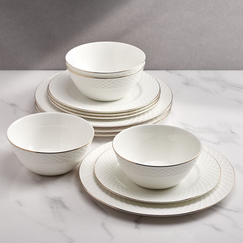 Trellis Gold 12-Piece Dinnerware Set - Service for 4 - Elegant Tableware for Fine Dining, Dinner Parties & Special Occasions