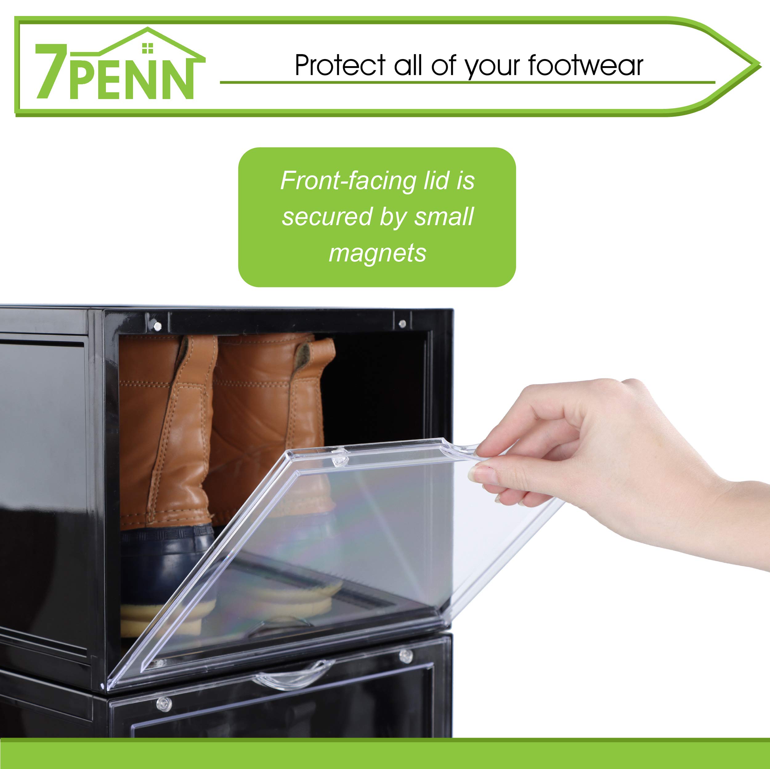7Penn Plastic Shoe Boxes with Lids - 6 Pack Black Stackable Shoe Storage Containers | Clear Display Organizer for Closet, Bedroom & Entryway Organization
