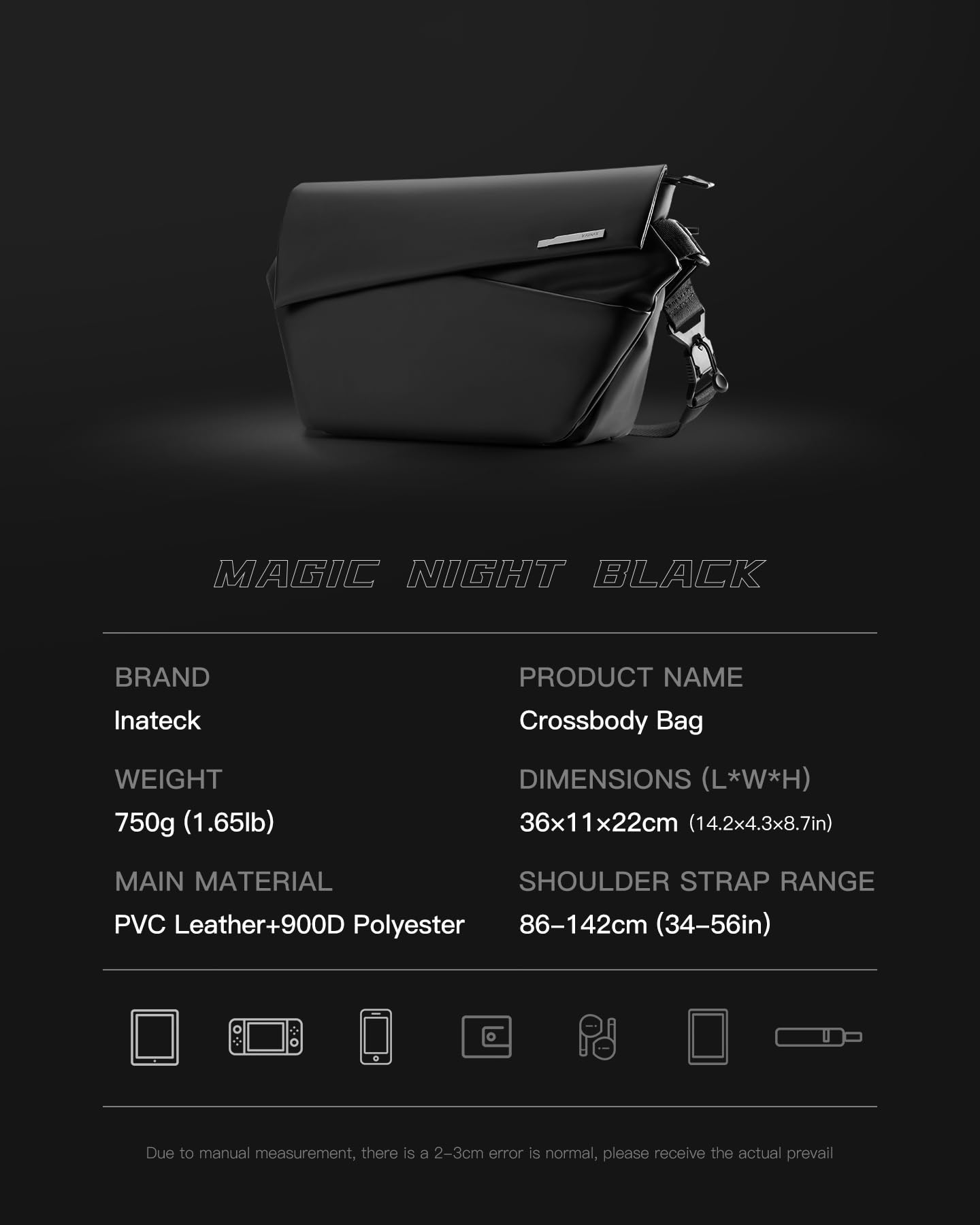 Inateck Sling Bag X-Pro - Water-Resistant Crossbody Shoulder Messenger Bag for iPad Pro Air 11 Inch, 9L Capacity with Adjustable Strap for Men & Women | Perfect for Travel, Cycling, Hiking, Work & Gym | Durable & Stylish Everyday Carry Solution