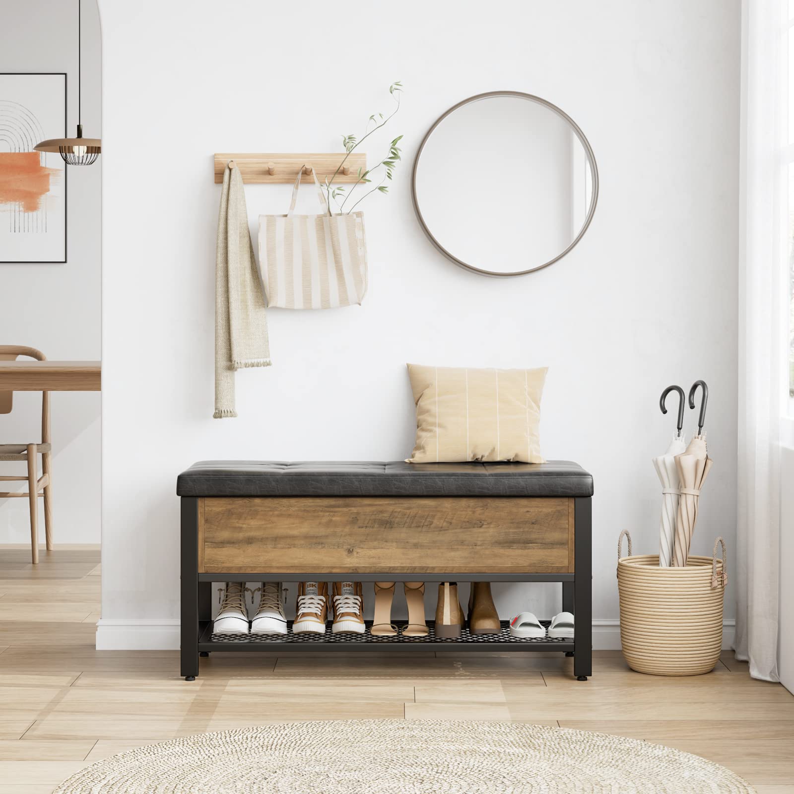 HOSTACK Storage Bench with Flip-Open Lid - Rustic Brown Entryway Shoe Bench, Bedroom Ottoman with Storage Shelf & Padded Seat - Perfect for Hallway, Living Room & Bed End Organization