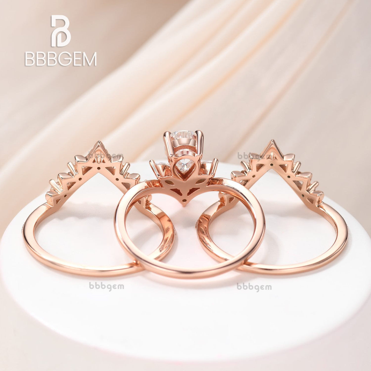 Floral Pear Cut Moissanite Engagement Ring Set 3-Piece with V-Shaped Diamond Beaded Band in Rose Gold | Wedding Proposal, Anniversary Gift, Bridal Jewelry