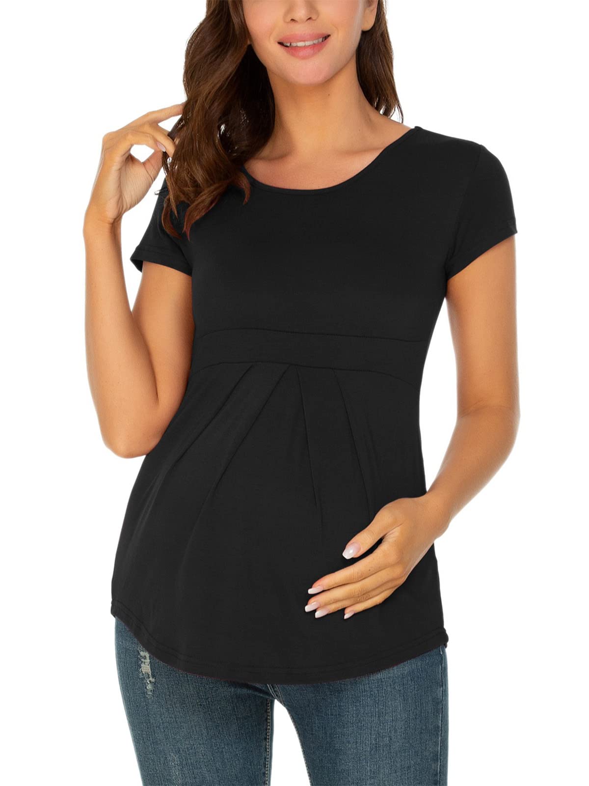 Glampunch Women's Maternity Tops - Short & 3/4 Sleeve Round Neck Peplum Tunic Top for Pregnancy | Comfortable Stretchy Shirts with Front Pleat Detail | Perfect for Work, Casual Wear & Maternity Photos