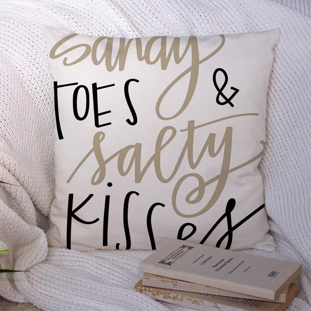 18x18 Inch Decorative Throw Pillow Covers - Polyester Beach Life Design with Sandy Cabin & Ocean Kisses Quotes - Perfect for Coastal Living Room, Sofa & Couch Decor