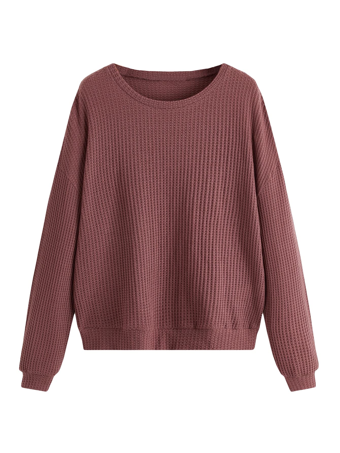 MakeMeChic Women's Long Sleeve Waffle Knit Pullover Sweatshirt - Lightweight Crewneck Top for Fall & Winter - Casual Loungewear, Layering Essential, Coffee Dates & Weekend Outfits