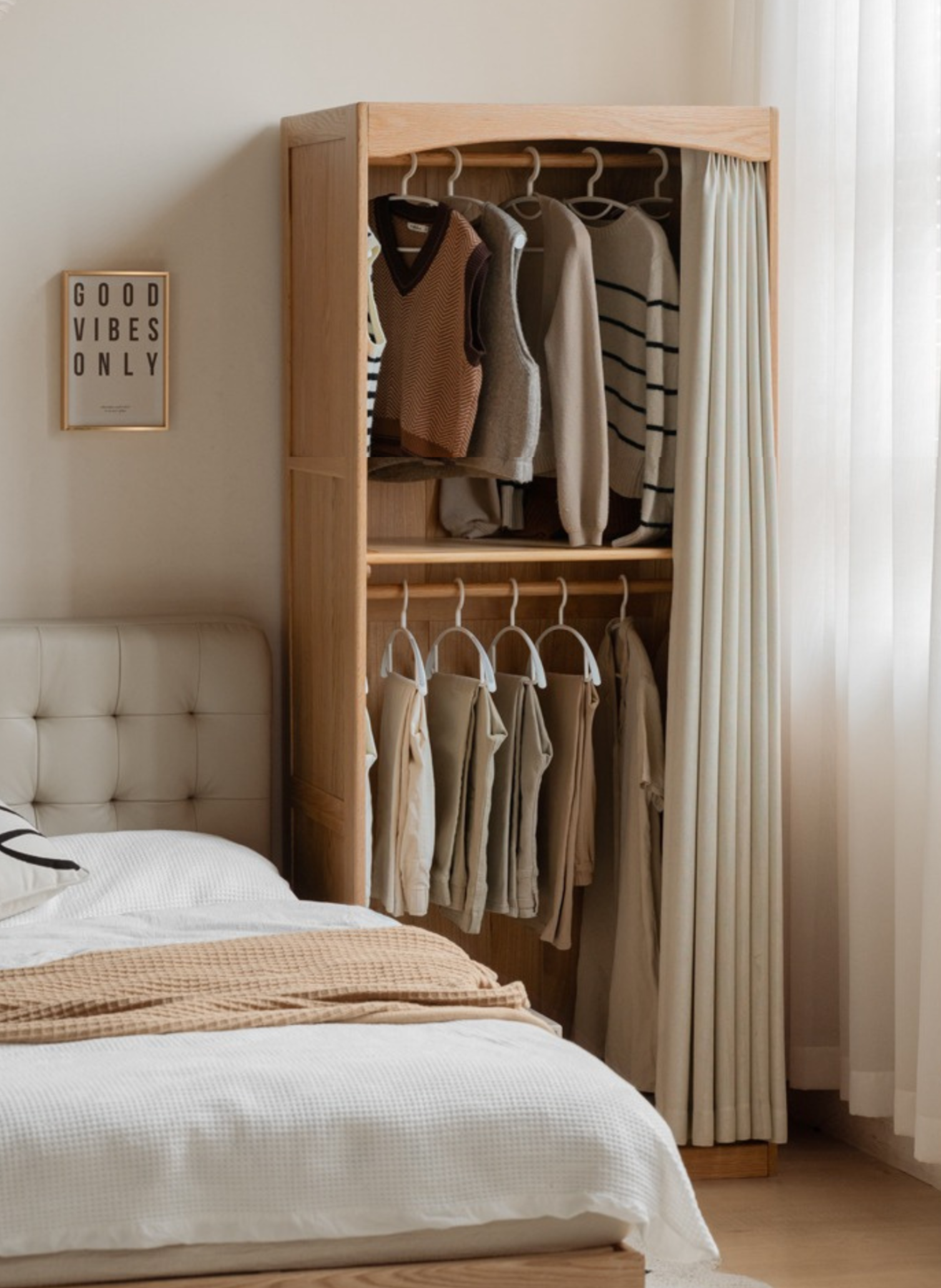 Oak Solid Wood Wardrobe with Curtain Design - Elegant Closet Storage for Bedroom, Living Room & Dorm Organization