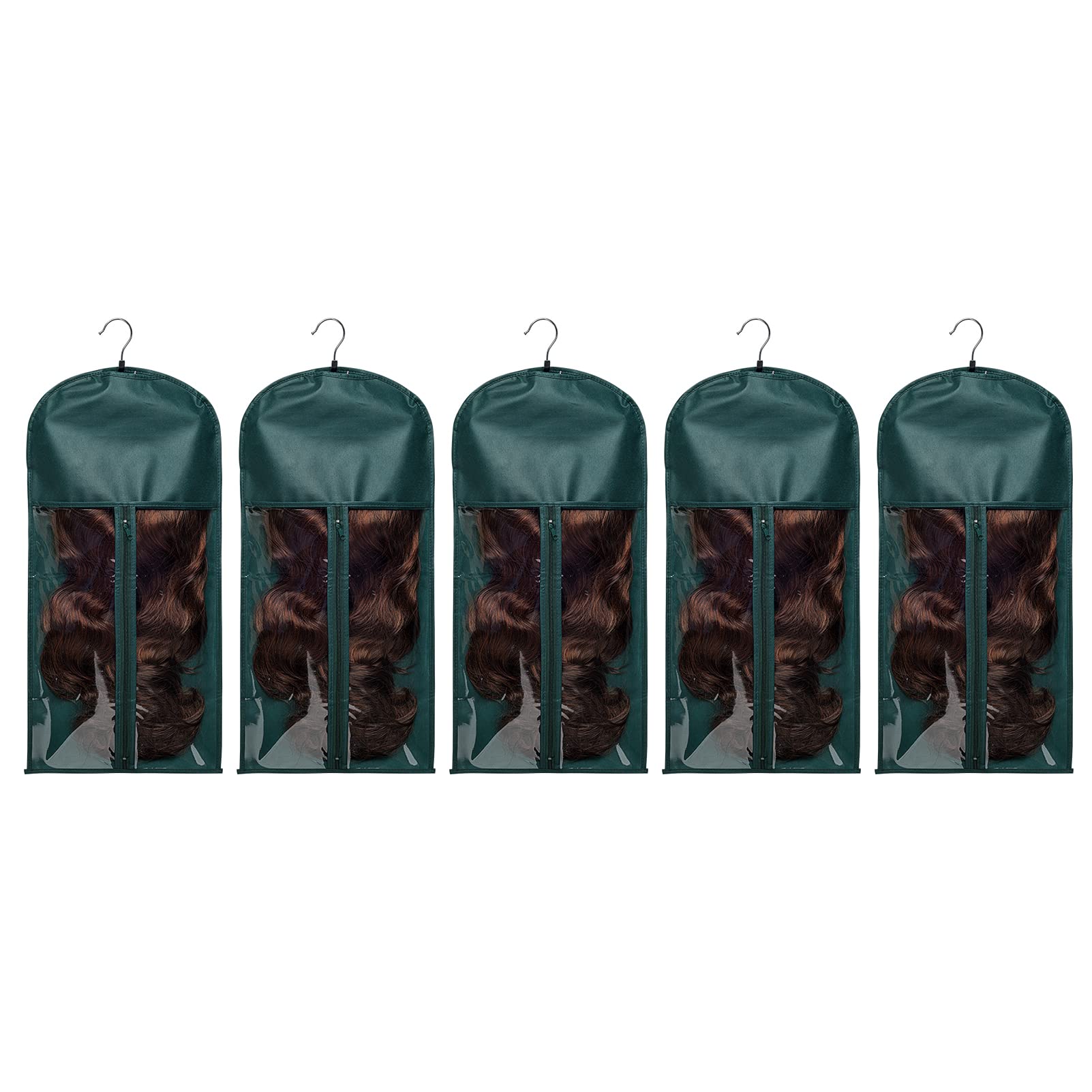 5-Piece Wig Storage Bag Set with Wooden Hangers - Professional Hair Extensions Organizer, Dust-Proof Wig Pouch Case (5 Green Bags + 5 Black Hangers) - Perfect for Salon, Home Wig Storage & Travel