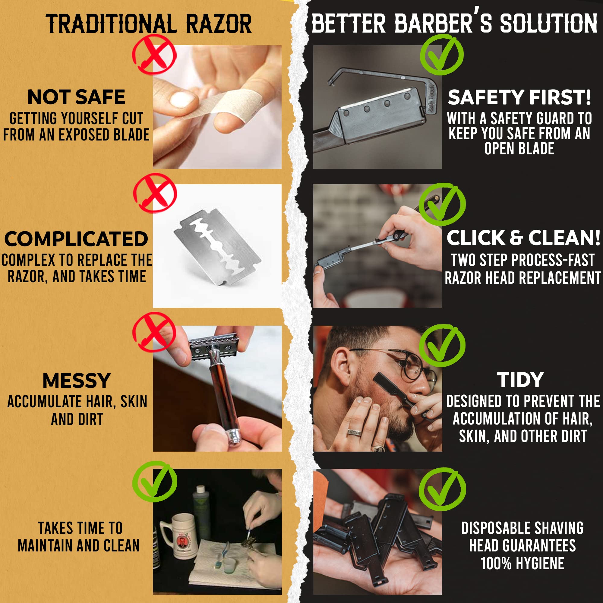 Patented Straight Edge Razors for Men - 11 Disposable Blades for Close Shaving & Beard Grooming | Easy to Use & Replace Single Edge Razor | Professional Barber & Home Use (Black Zebra) | Perfect for Travel, Daily Shaving & Gift Giving