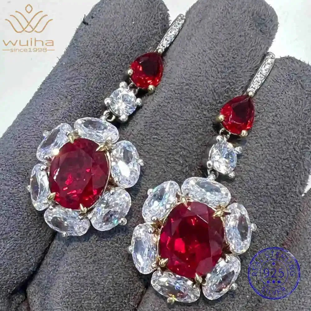 Vintage 925 Sterling Silver Oval Cut Ruby & High Carbon Diamond Drop Dangle Earrings for Women - Anniversary Gift, Wedding Jewelry, Party & Evening Wear Accessories