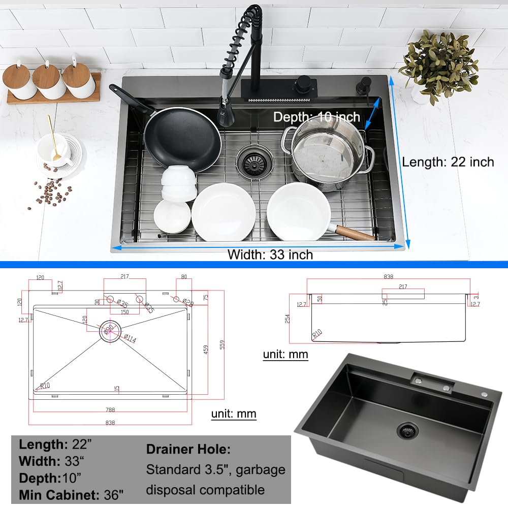 33x22 Inch Gunmetal Black Stainless Steel Drop-in Kitchen Sink Workstation with Waterfall Faucet Combo - 16 Gauge Top Mount Multifunctional Single Bowl Sink for Modern Home & Restaurant Use