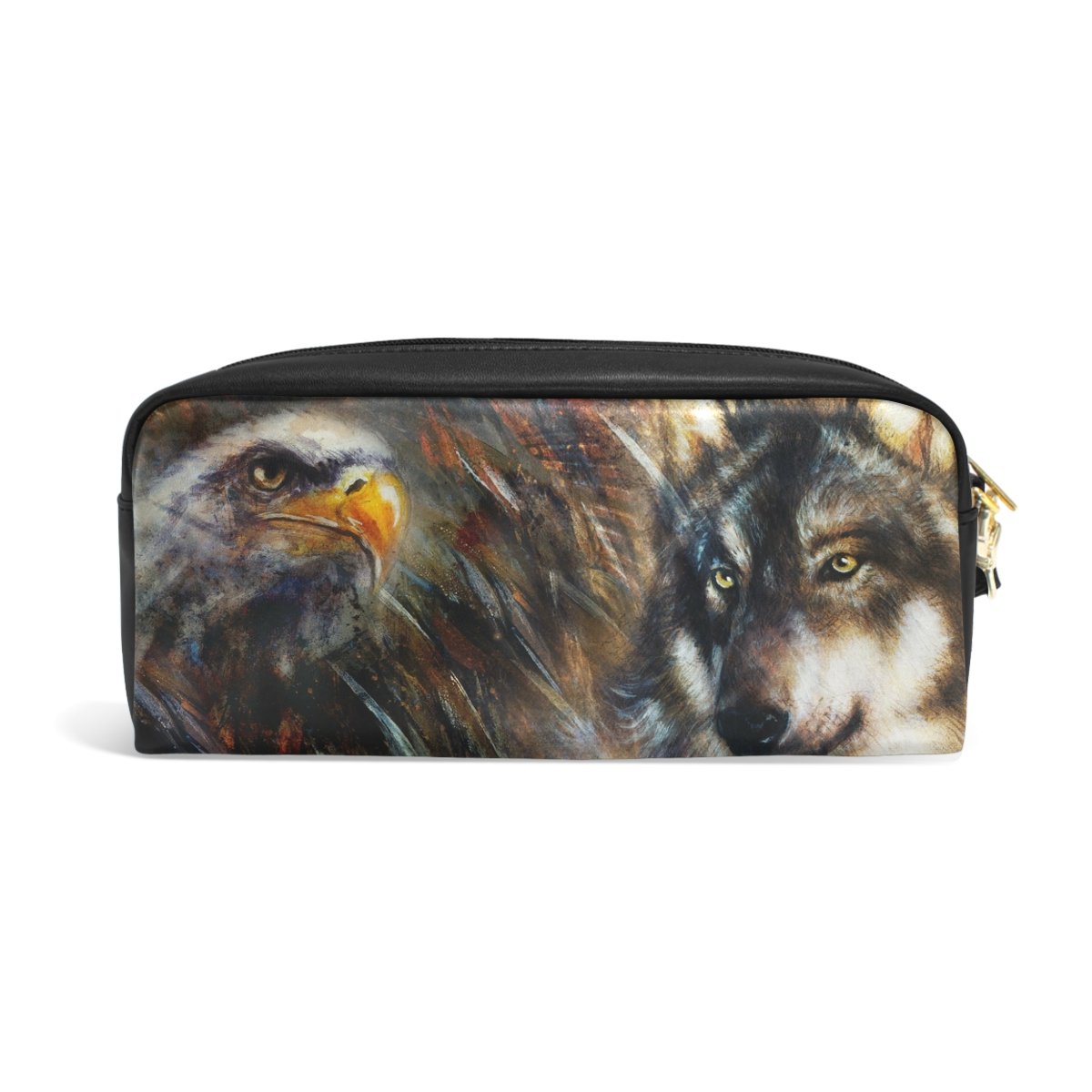 ALAZA Eagle Wolf Oil Painting PU Leather Pencil Case - Stylish Cosmetic Bag for School, Travel & Makeup Organizer | Durable Pen Pouch for Students & Professionals