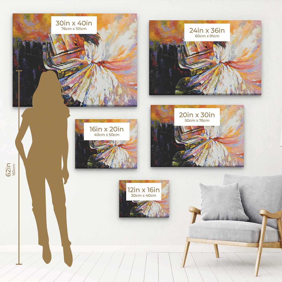 Orange Girl Playing Piano Wall Art Canvas Print 2243 - Perfect for Living Room, Bedroom & Office Decor