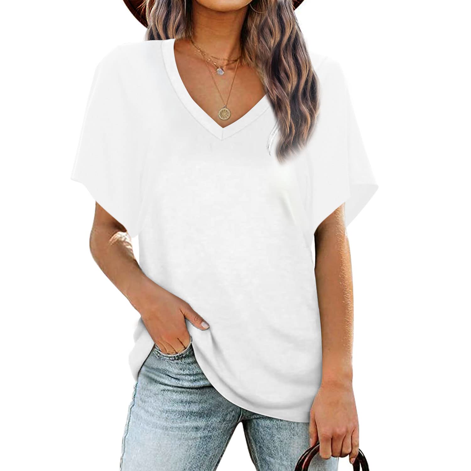 BESFLY Women's Summer V-Neck T-Shirt - Casual Puff Long Sleeve Blouse Tunic Top for Work, Date Night & Everyday Wear