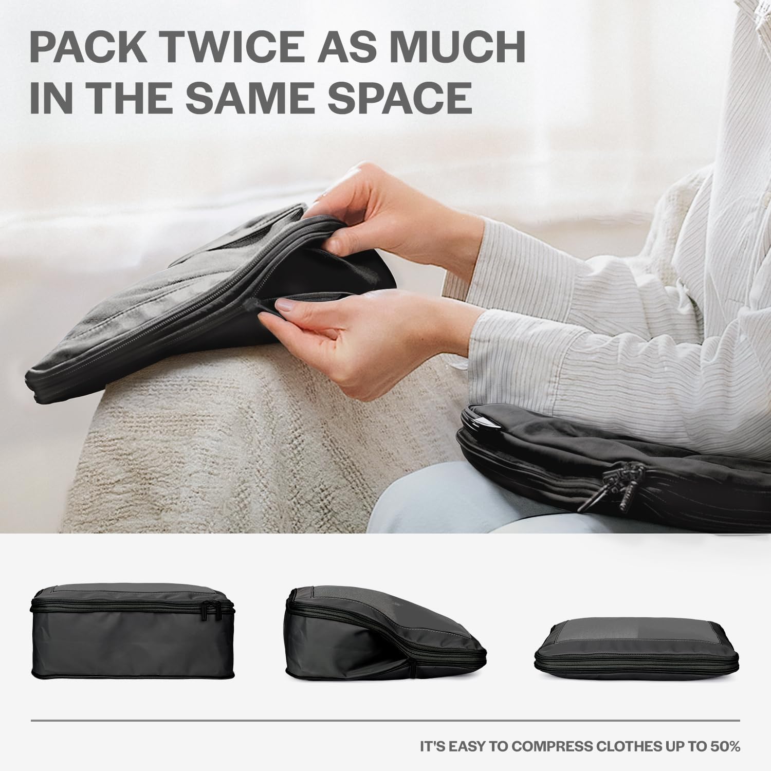 Travel Compression Packing Cubes - 2-Pack Black Luggage Organizer Bags with Double Zipper for Suitcases | Perfect for Business Trips, Vacations & Weekend Getaways
