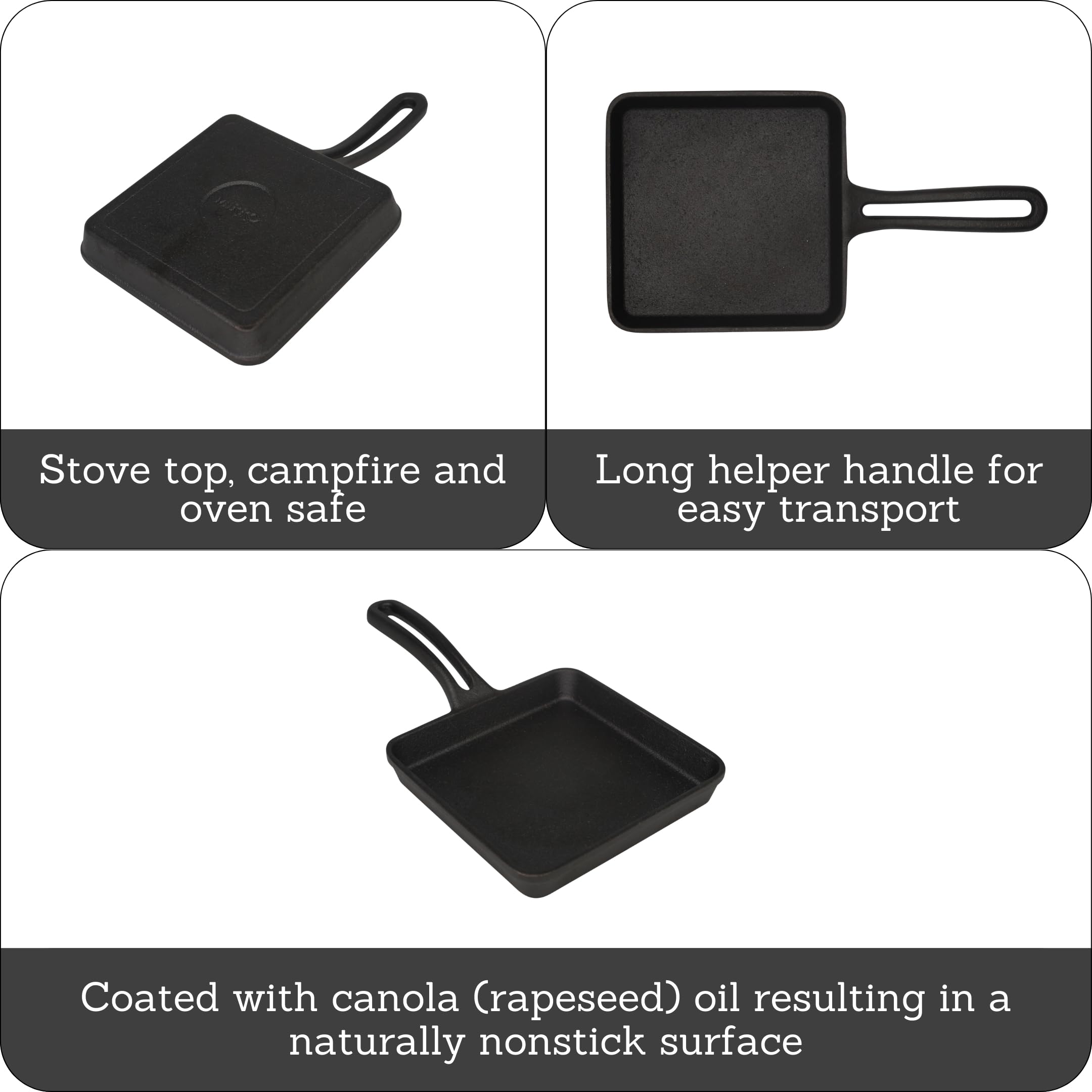 MIRRO 5 Inch Cast Iron Preseasoned Mini Grill Pan - Perfect for Camping, Picnics & Outdoor Cooking - Compact Portable Skillet for Steak, Eggs & Small Meals