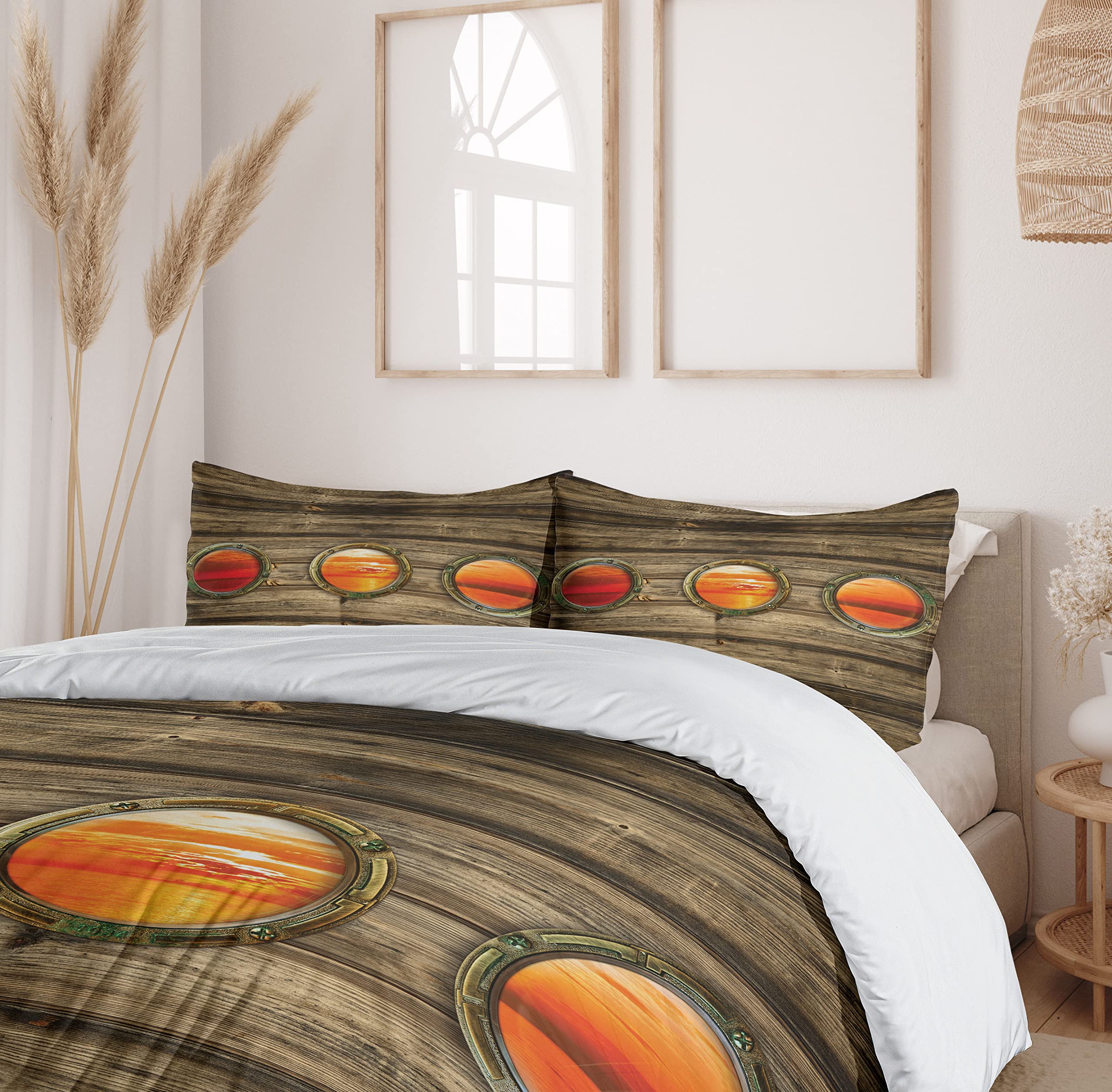 Ambesonne Nautical Duvet Cover Set - King Size 3 Piece Bedding with Rustic Wooden Ship Design, Orange Ocean Sunset Scenes & Oval Windows - Includes 2 Pillow Shams - Perfect for Coastal, Beach House or Sailor Themed Bedroom Decor
