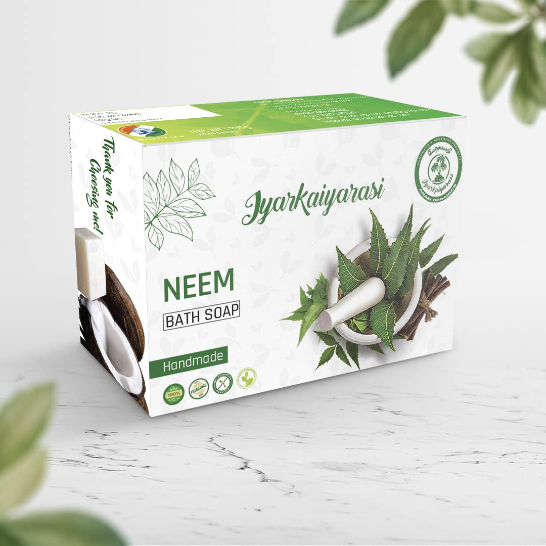 Iyarkaiyarasi Pure Coconut Oil & Neem Handmade Bath Soap | Fragrance-Free, Vegan, Chemical-Free | Premium Herbal Soap Bar 100g (Pack of 2) | For Sensitive Skin & Daily Cleansing