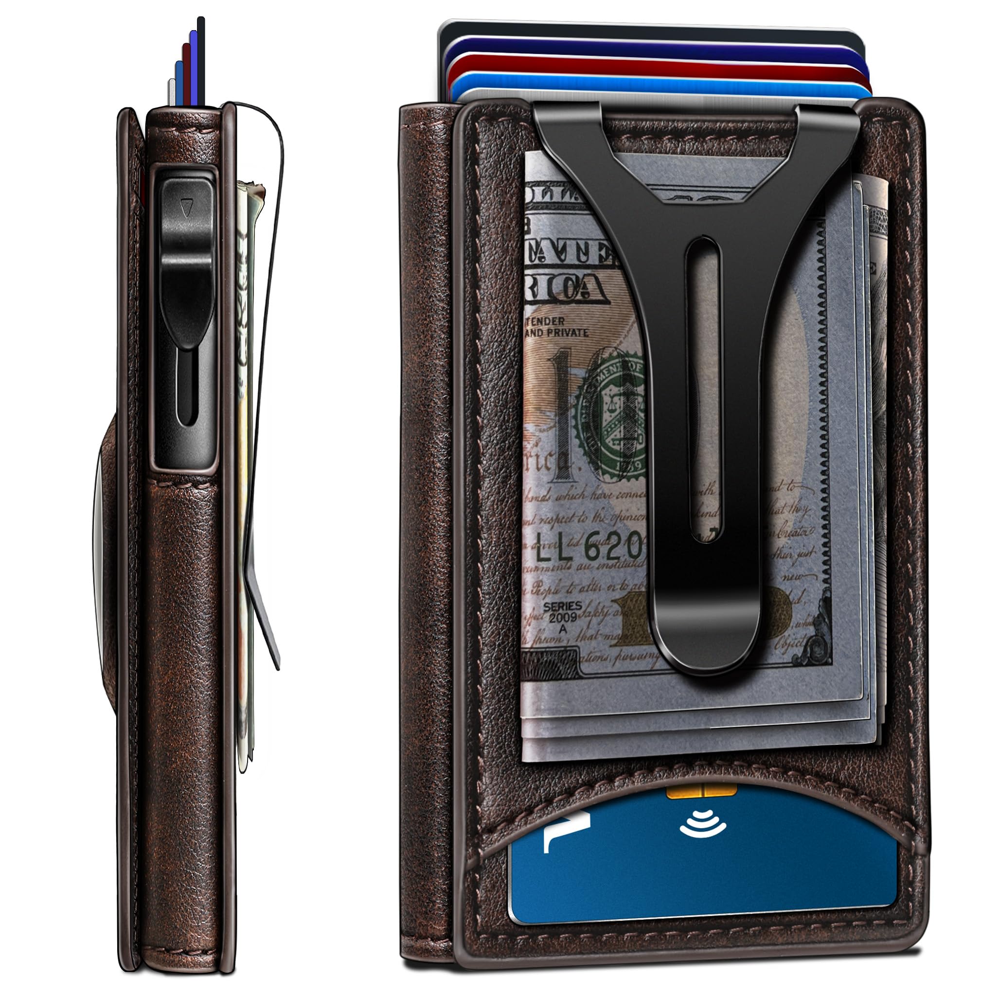 BULLIANT Men's Slim Money Clip Wallet - RFID Blocking Credit Card Holder with Airtag Slot (Holds 9 Cards) - Durable Metal Magnetic Flip Case - Perfect Gift for Dad, Husband & Boyfriend - Ideal for Travel, Business & Everyday Use