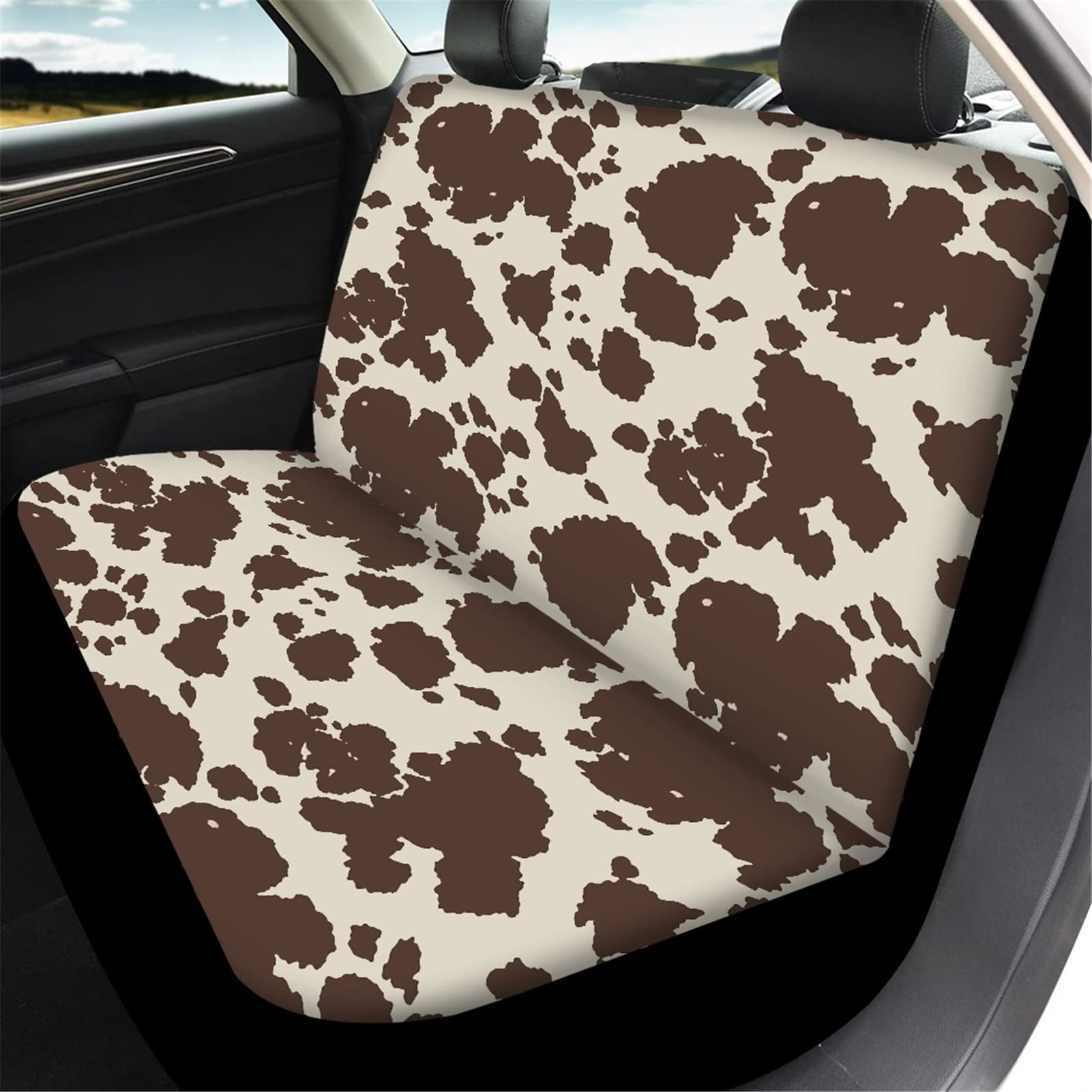 Brown Cow Print Car Seat Cover Set - Full Seat Protector for Front & Back Seats with Steering Wheel Cover, Seat Belt Pads & Cup Holder Coasters - Soft Animal Fur Design for Cars, Trucks & SUVs - Perfect Gift for Women & Men (Home, Office & Road Trips)