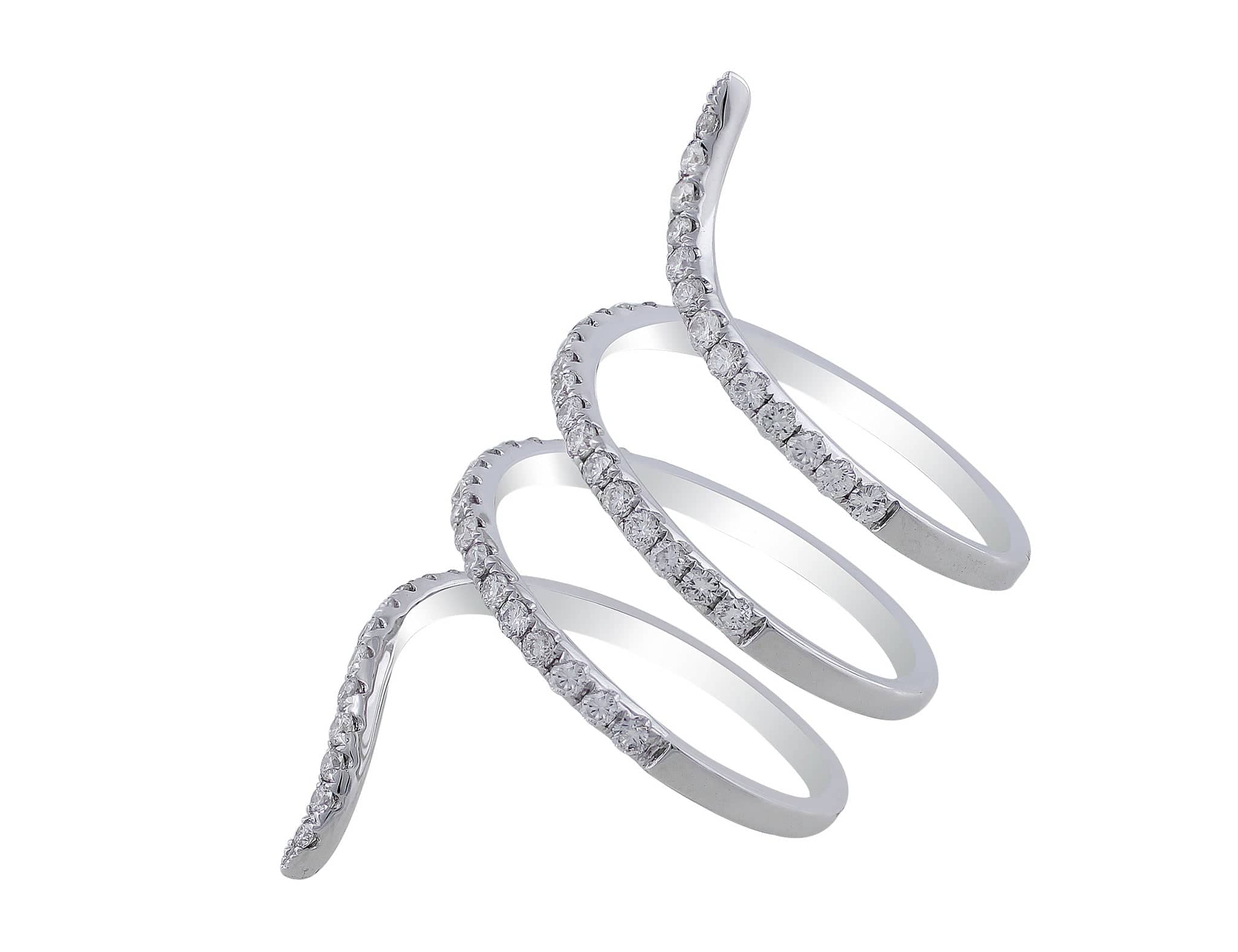 18K White Gold Long Pave Diamond Spiral Ring for Women - Elegant Wedding, Engagement, Anniversary Jewelry Gift - Perfect for Special Occasions & Everyday Luxury